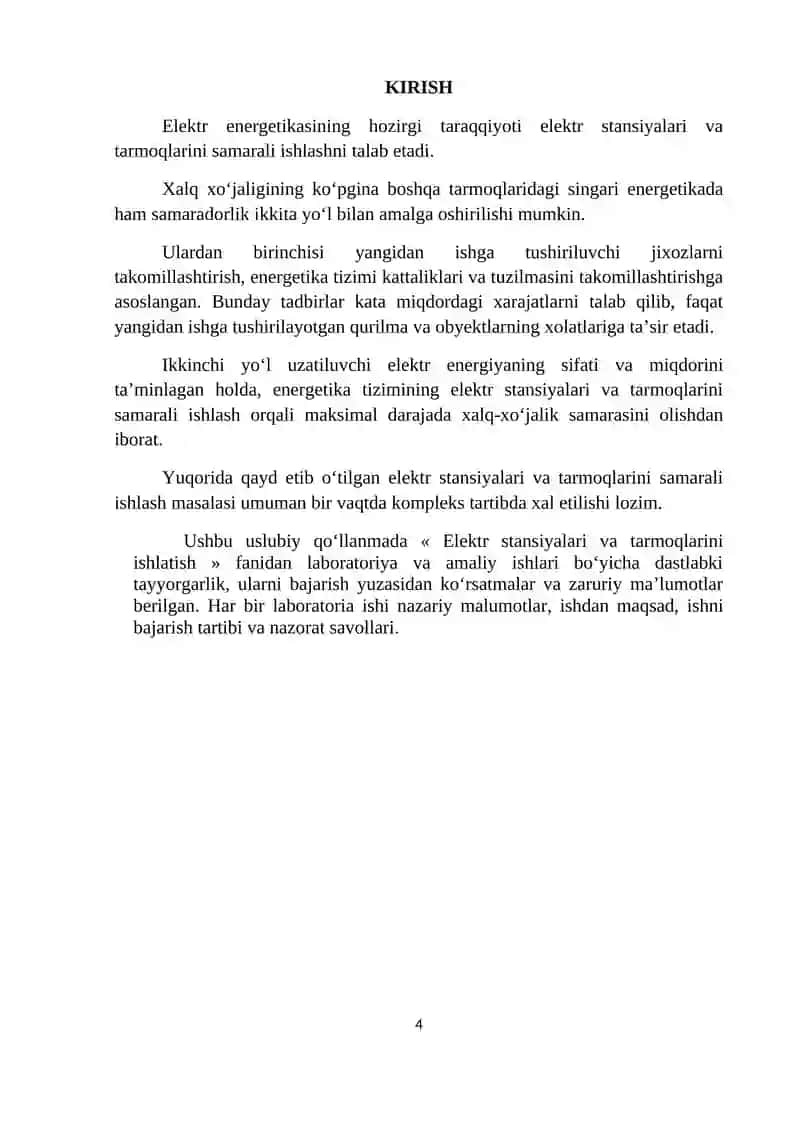 Uslubiy Ko'rsatma: Elektr Stansiyalari va Tarmoqlarini Ishlatish 4
