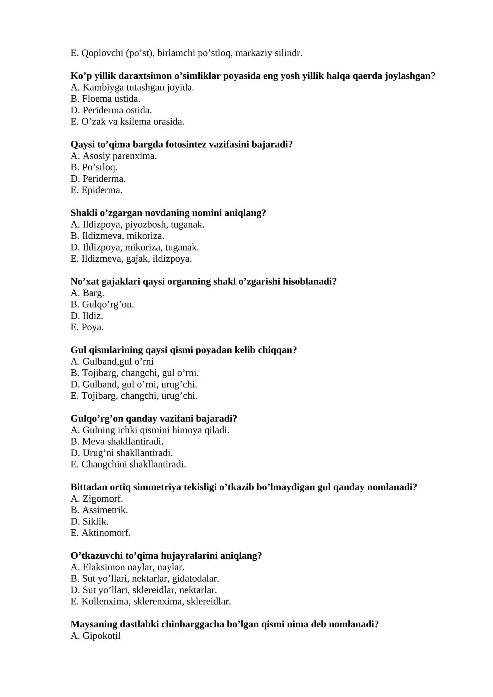 Botanika fanidan oraliq nazorat uchun test variantlari 4