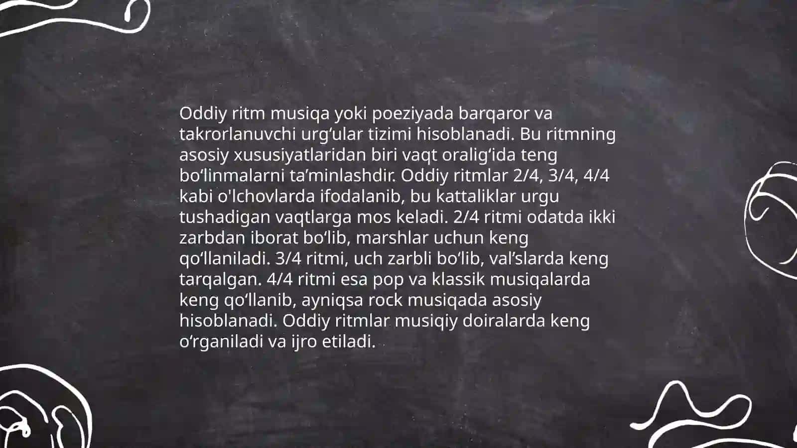 Ritm va metr xissalari va xar hil oʻlchov turlari(oddiy, murakkab, aralash, oʻzgaruvchan) 4