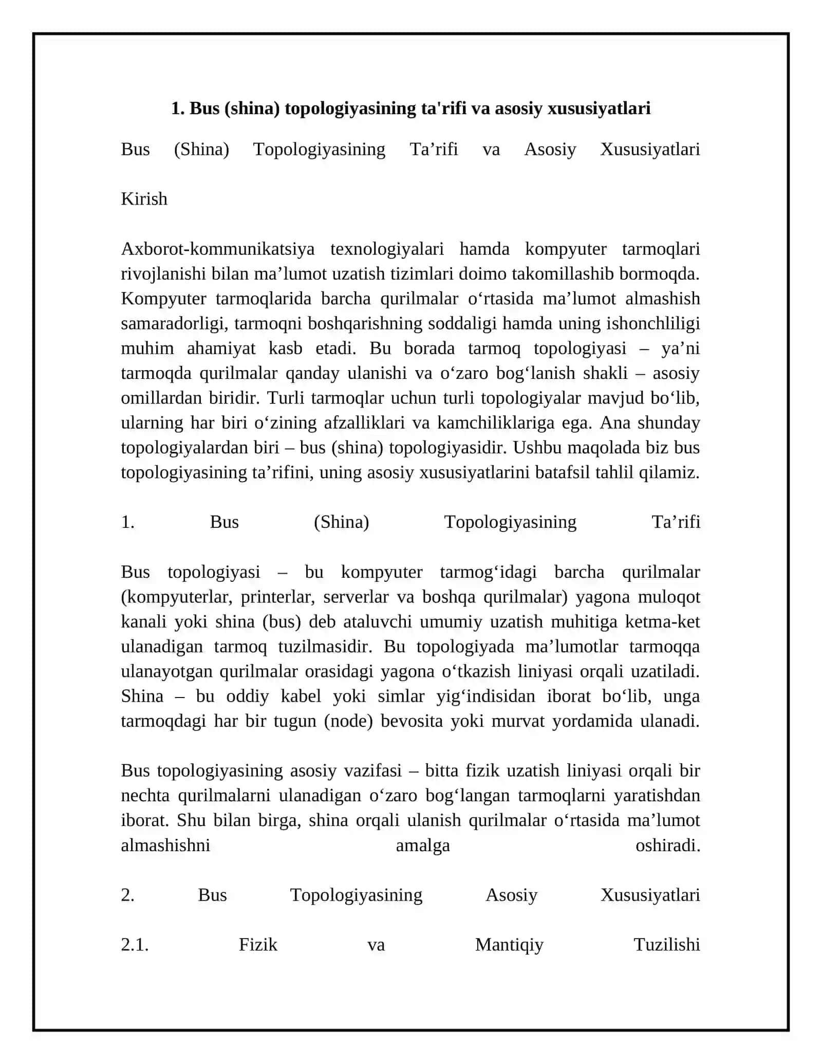 Bus (shina) topologiyasi va uning afzalliklari 4
