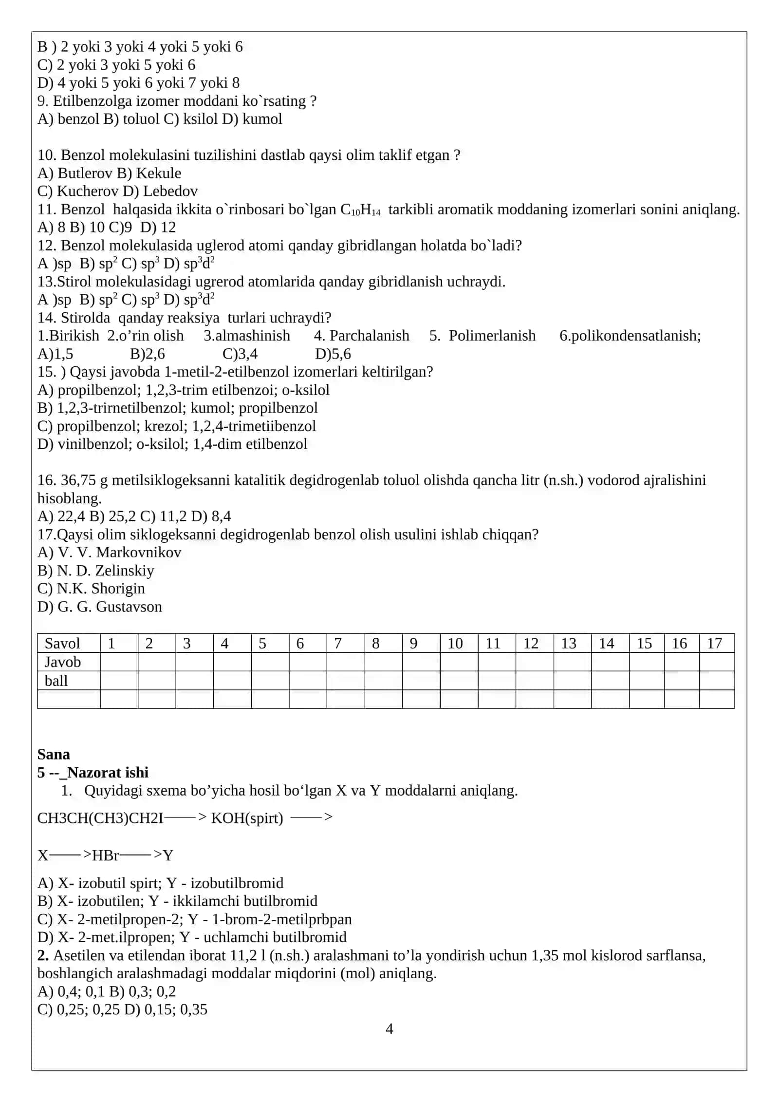 10-sinf kimyo nazorat ishi daftar 4