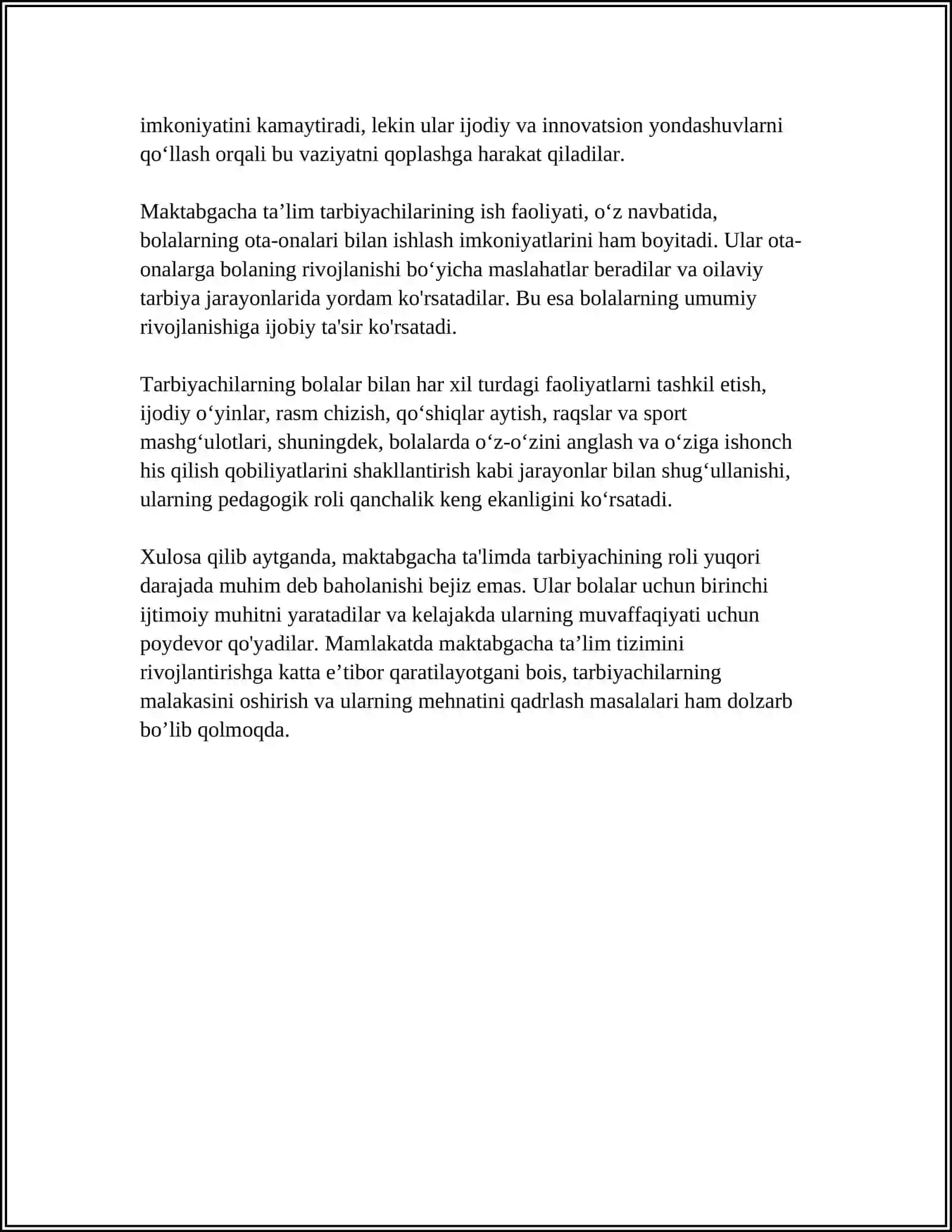 MAKTABGACHA TA’LIM TASHKILOTIDA FAOLIYATINI TASHKIL ETISH TARBIYACHINING PEDAGOGIK MAHORATI 4