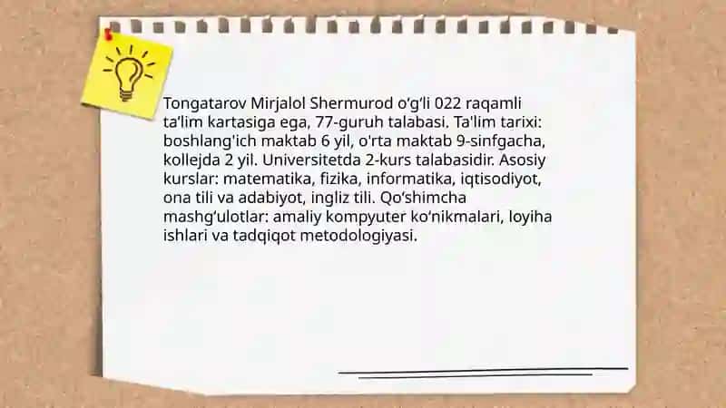 Tongatarov Mirjalol Shermurod oʻgʻli.022- 77- guruh talabasi 4