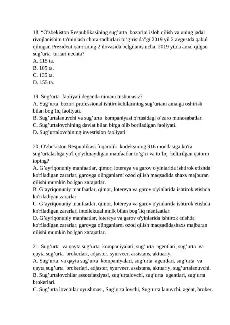 Sug’urta ishi fanidan yakuniy nazorat test savollari 4