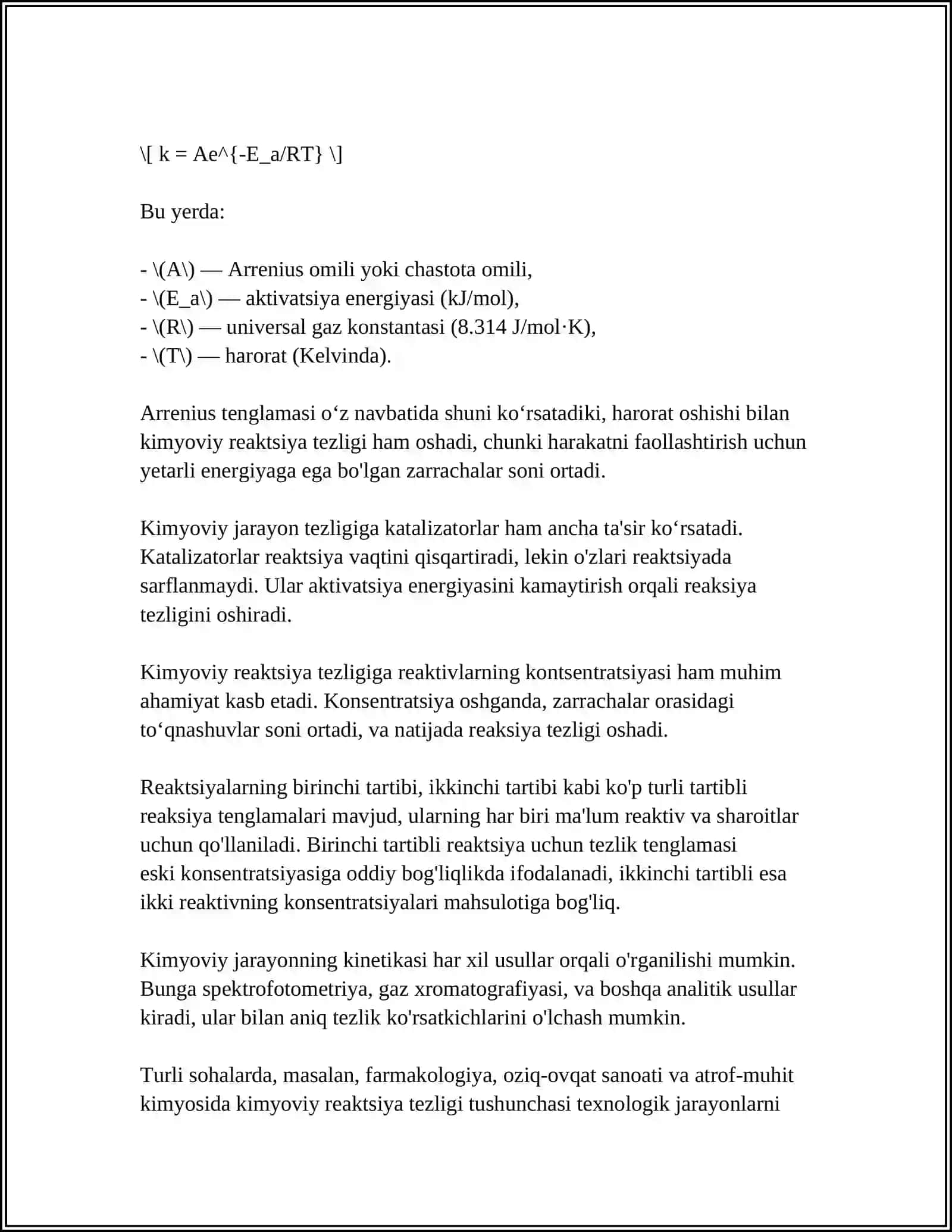 MUSTAQIL ISH Mavzu: KIMYOVIY JARAYONLAR TEZLIGI 4