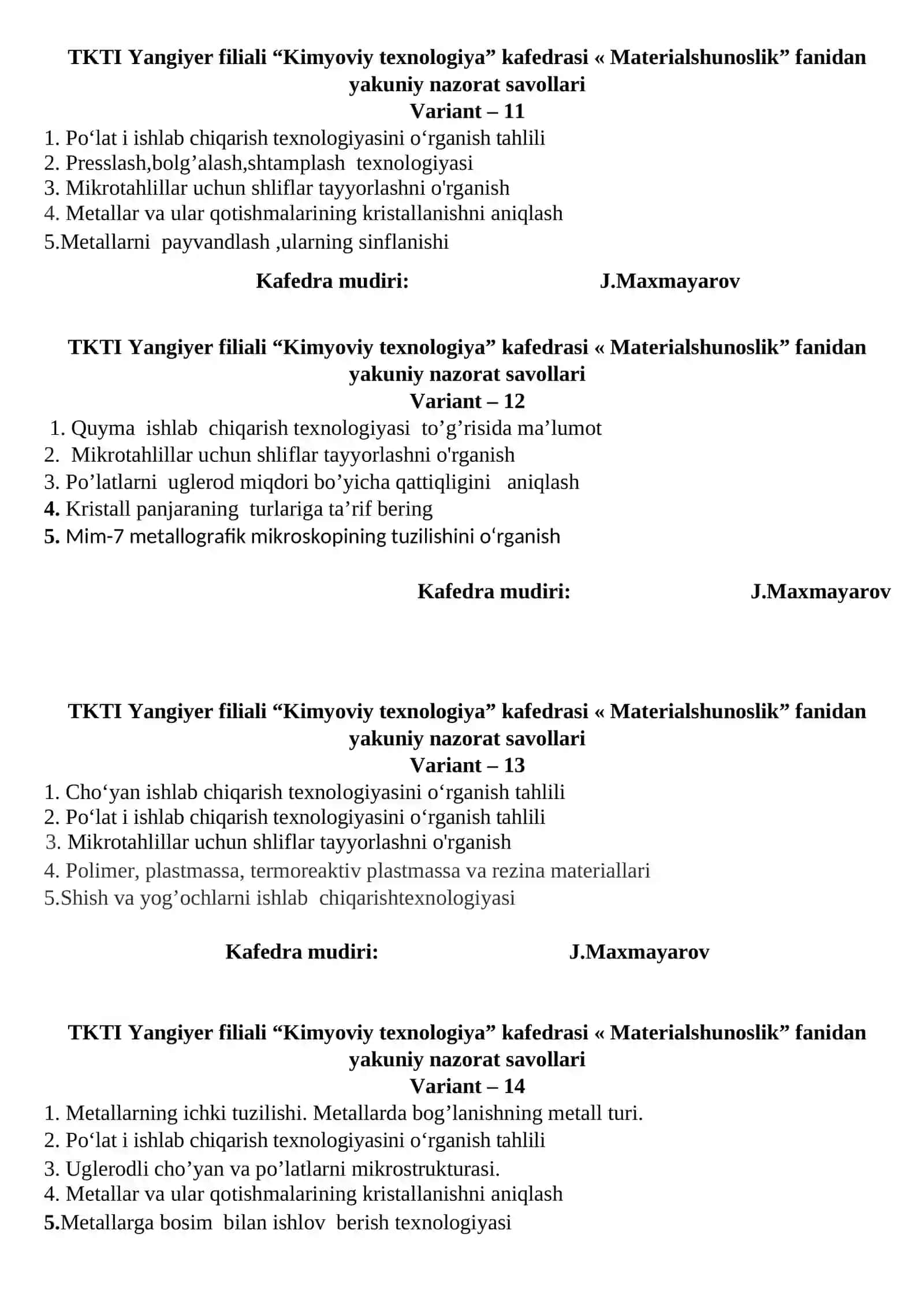 Materialshunoslik yakuniy nazorat savollari (Variant 1) 4