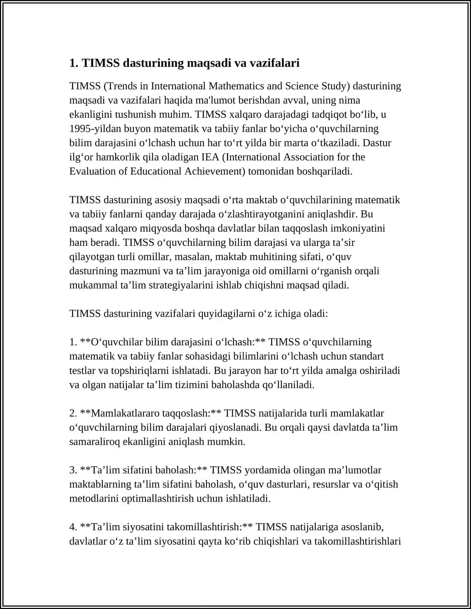 XALQARO BAHOLASH DASTURI TIMSS VA PISA TOPSHIRIQLARNING TURLARI VA BAHOLASH MEZONLARI 4