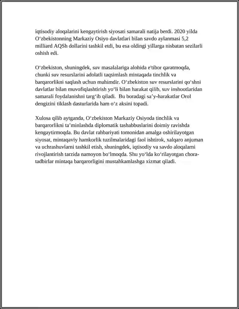 Oʻzbekistonning Markaziy Osiyoda Tinchlik va Barqarorlikni Taʼminlashdagi Diplomatik Tashabbuslari 4