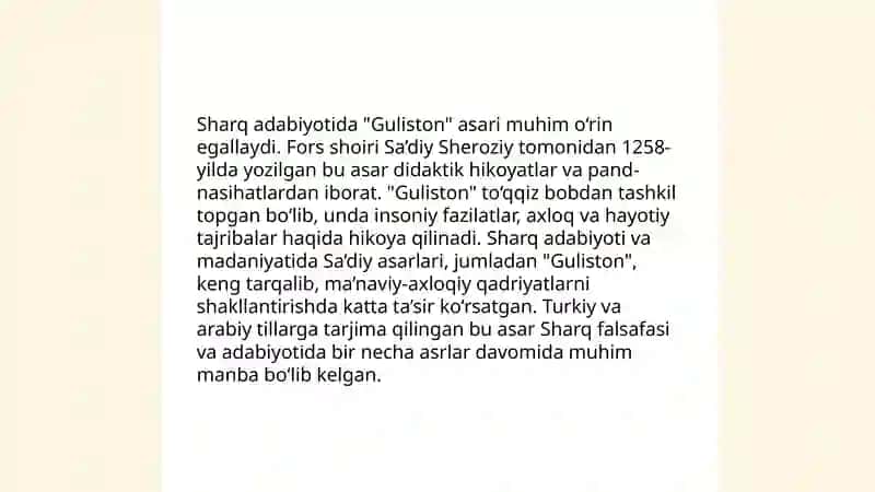 Sa'diy Sheroziy "Guliston" asarining Sharq adabiyotida tutgan o'rni 4