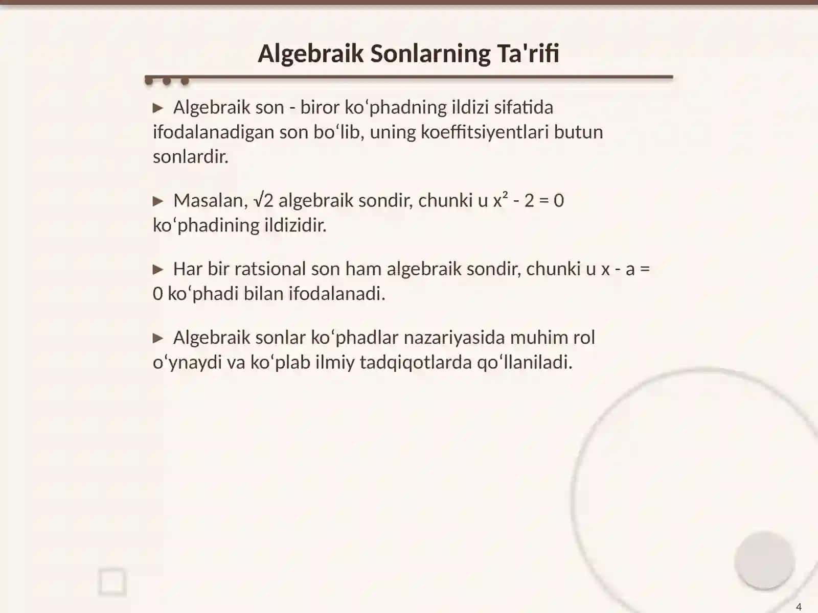 Algebraik Sonlar Toʻplamining Sanoqliligi 4