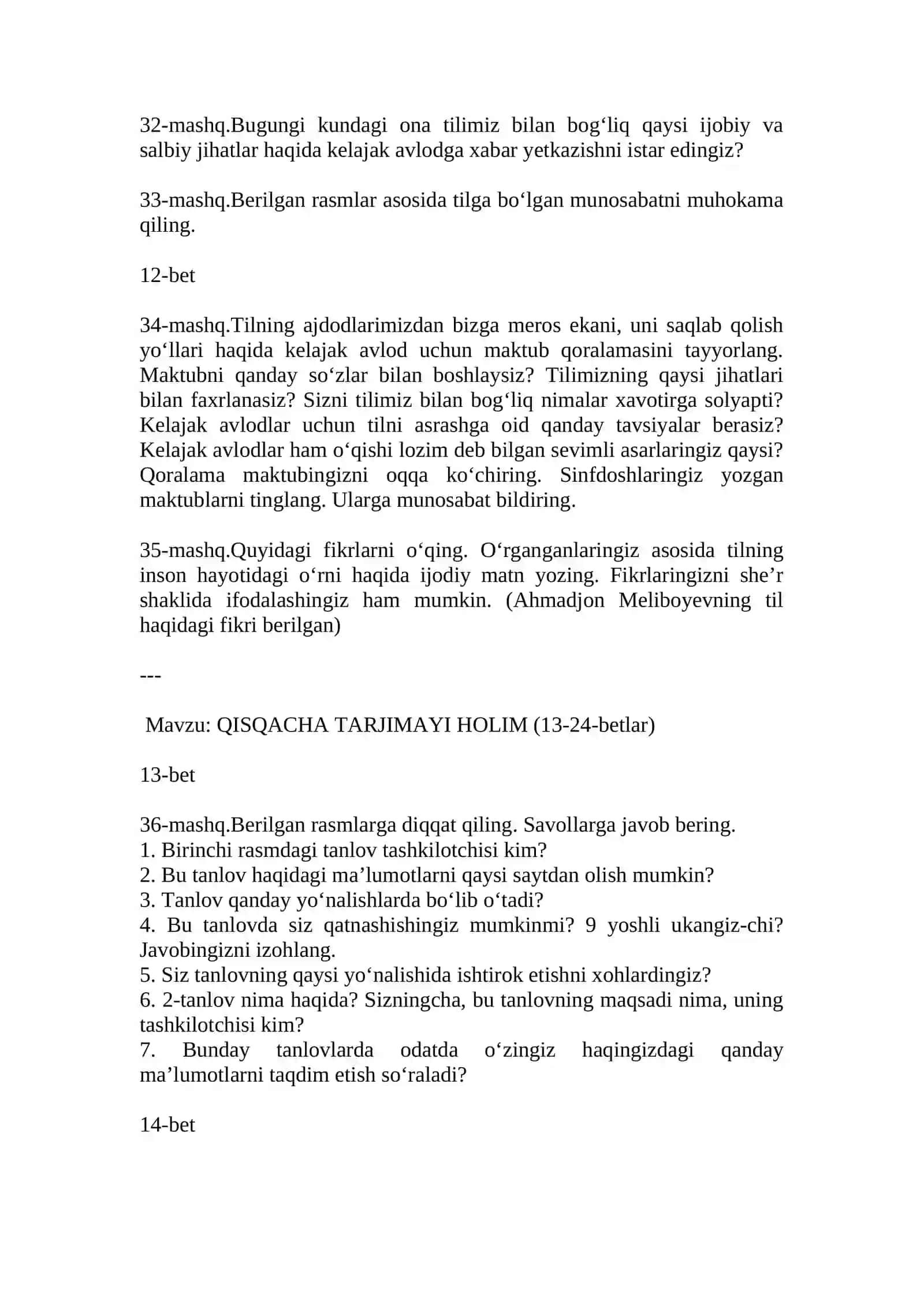 SINF ONA TILI DARSLIGIDAGI MASHQLAR 4