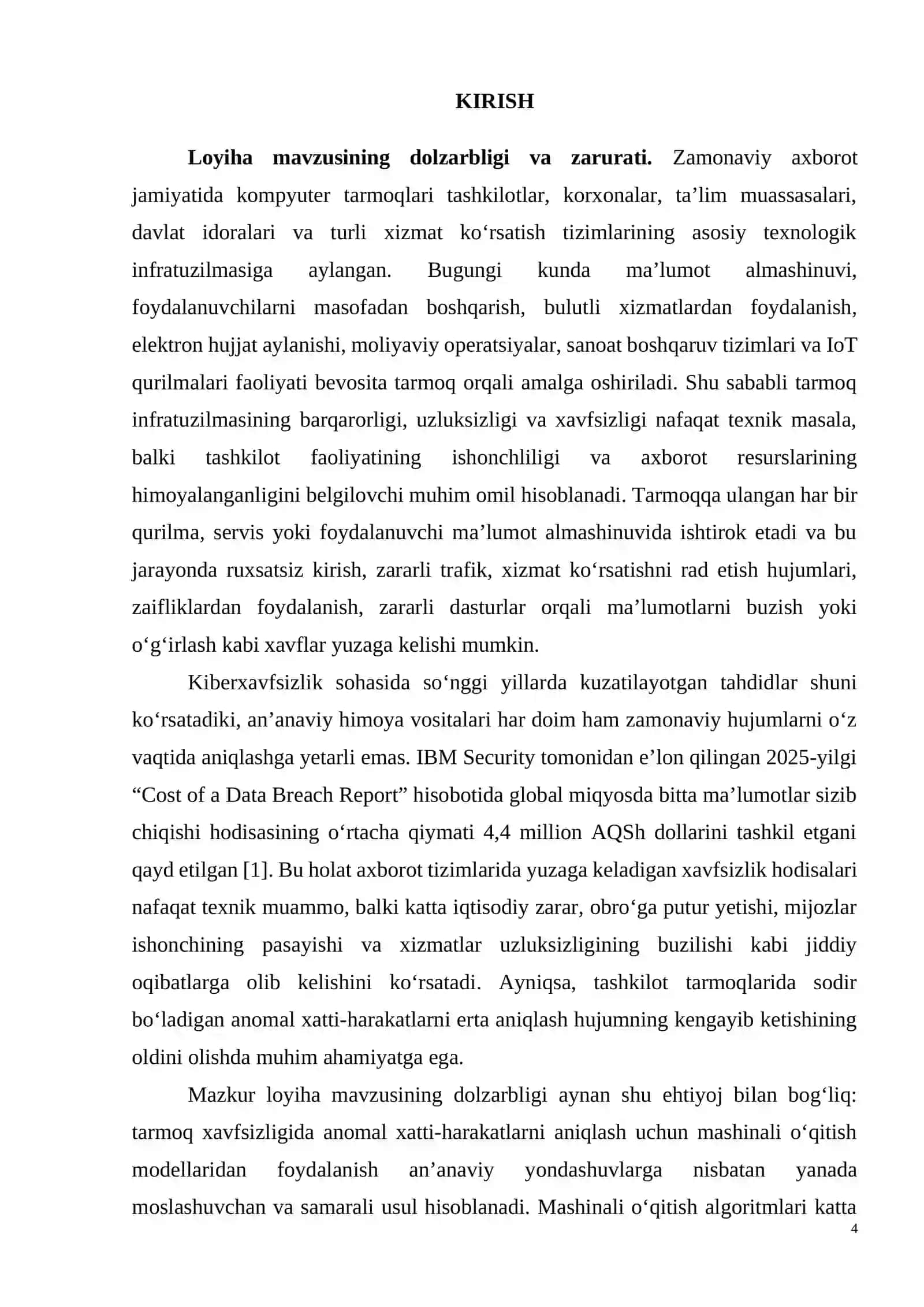 Tarmoq xavfsizligida anomal xatti-harakatlarni mashinali o‘qitish modeli orqali aniqlash 4