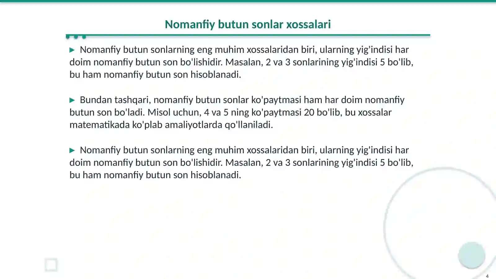 Nomanfiy butun sonlar toplamining xossalari 4