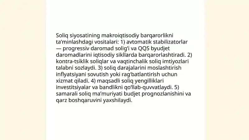 IQTISODIYOTNING DAVLAT TOMONIDAN TARTIBGA SOLISHNING BUYDJET SOLIQ SIYOSATI VOSITALARI 4