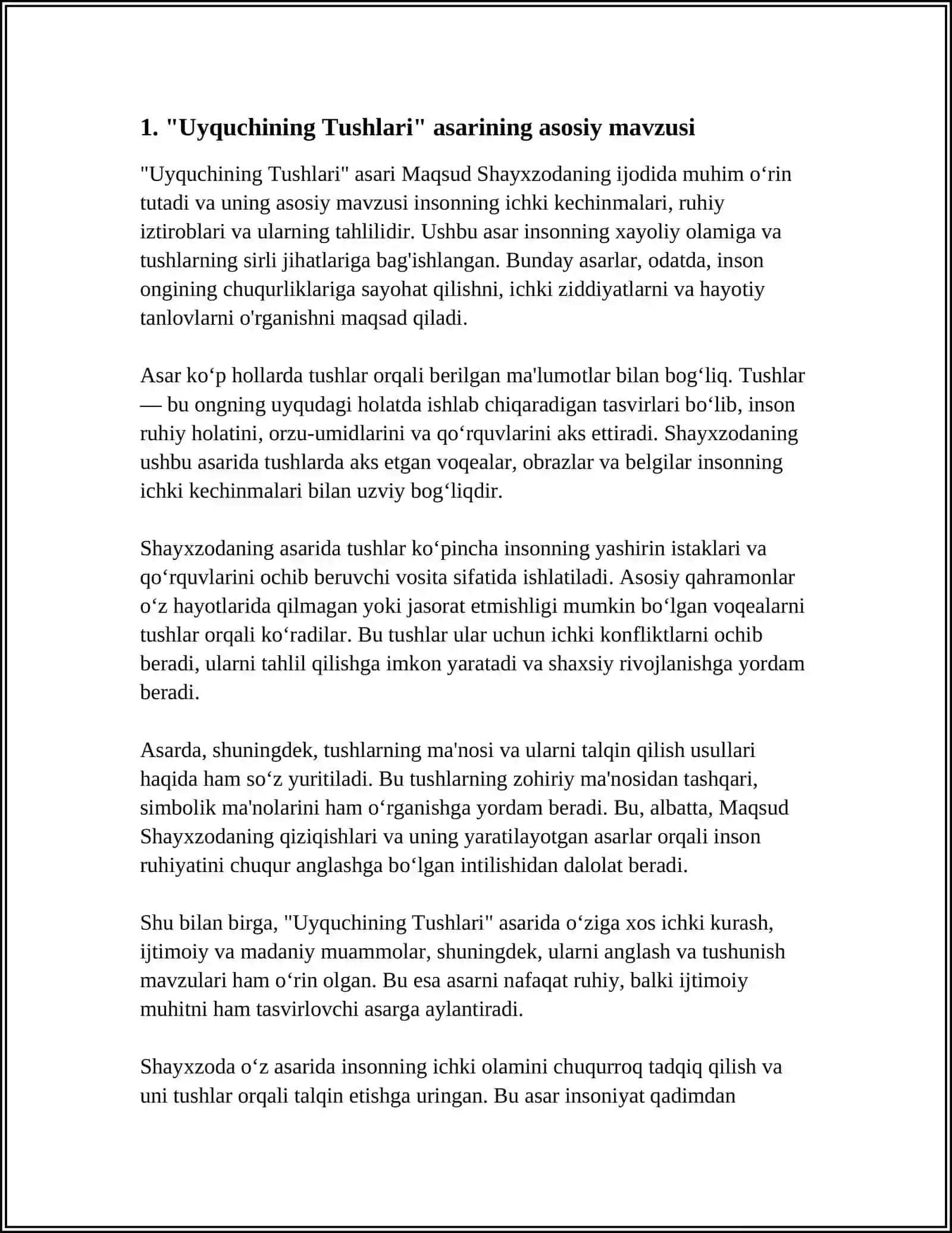 "Uyquchining Tushlari" asari ta'hlili 4
