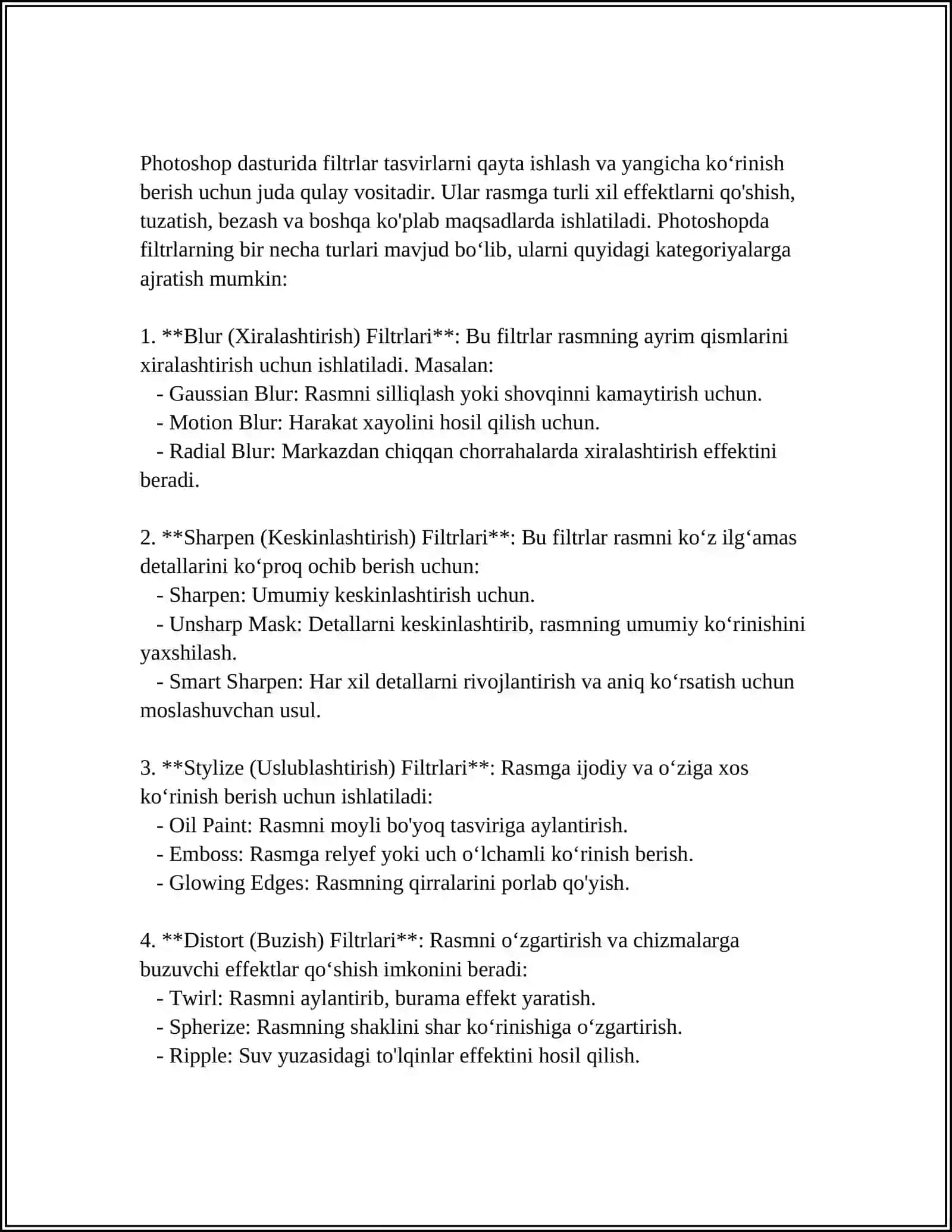 ADOBE PHOTOSHOP DASTURIDA FILTRLAR BILAN ISHLASH 4