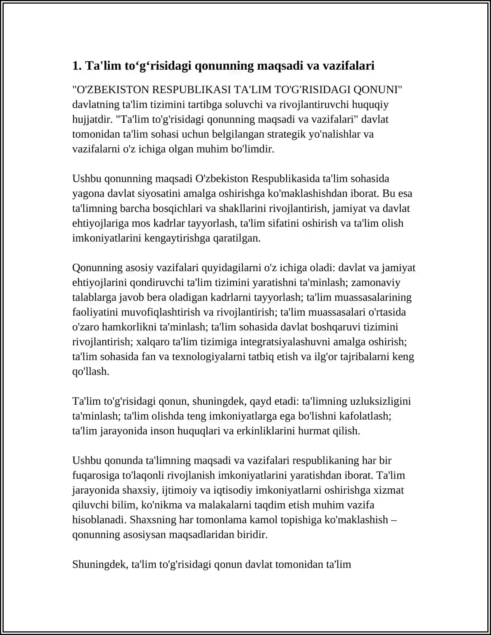 O'ZBEKISTON RESPUBLIKASI TA'LIM TO'G'RISIDAGI QONUNI 4
