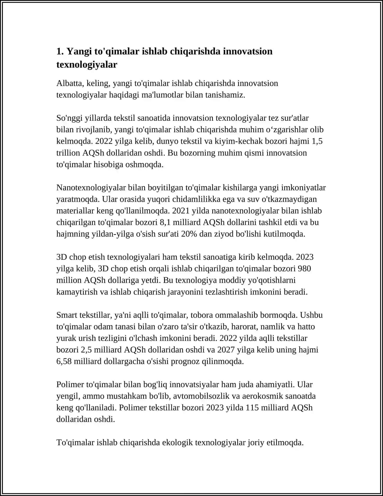 O'ZBEKISTON QO'SHMA KORXONALARDA YANGI TO'QIMALAR ISHLAB CHIQARISH TEXNOLOGIYALARI 4