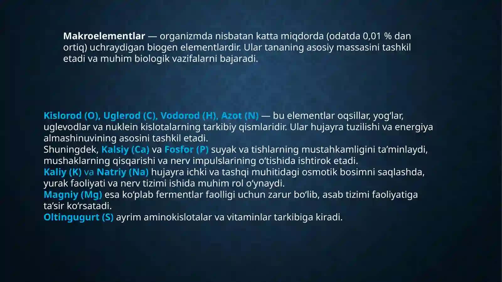 biogen elementlar, ularning organizmdagi ahamiyati, tasnifi (makro va mikroelementlar) hamda tirik o 4