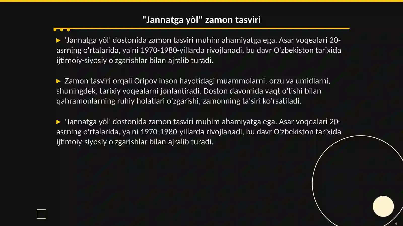 "Jannatga yòl" dostoni voqealarini badiiy zamon va makon kategoriyasiga ko'ra tahlil qiling 4