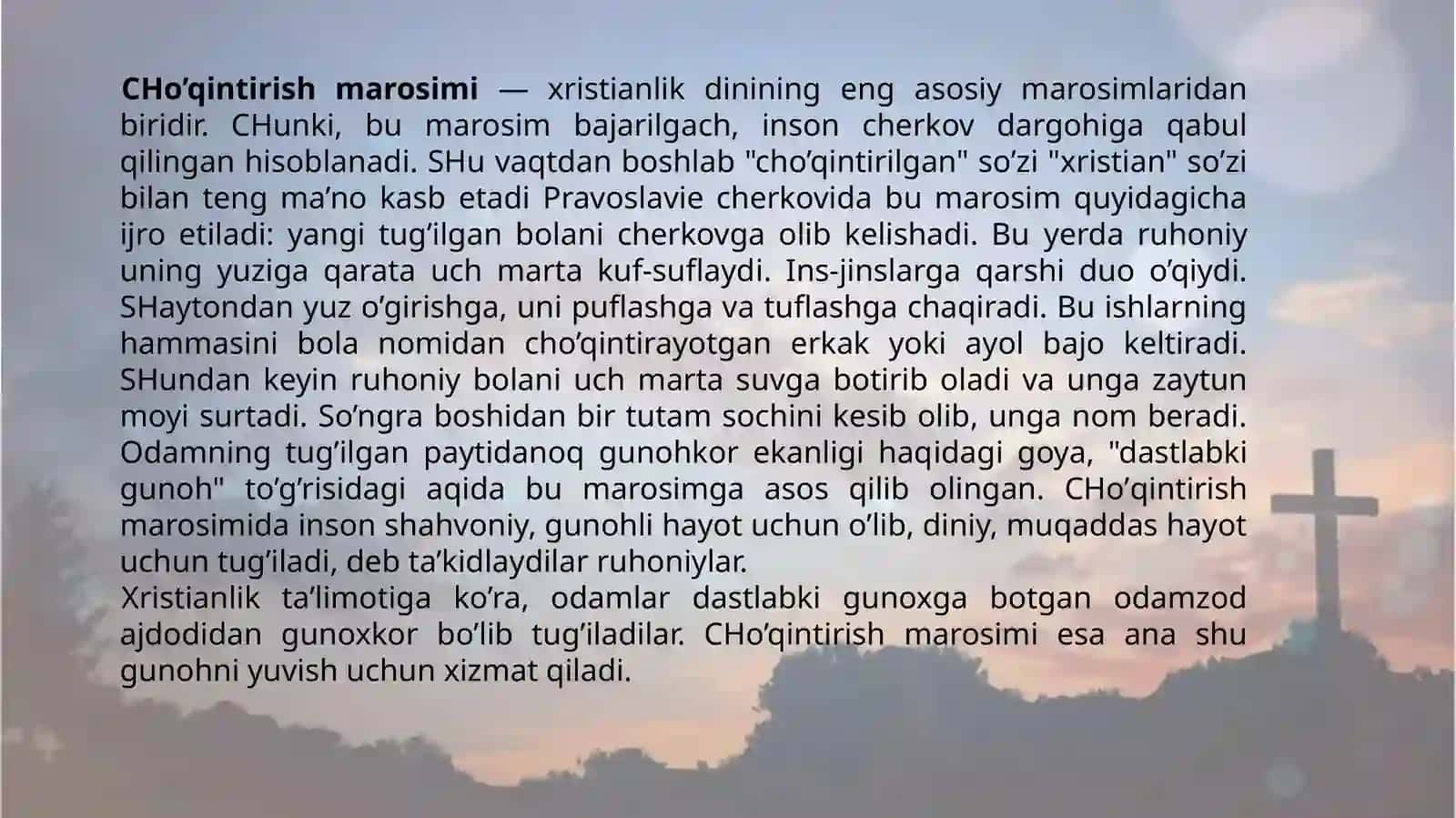XRISTIANLIKDAGI ASOSIY DINIY MAROSIMLAR,AQIDALAR VA BAYRAMLAR 4