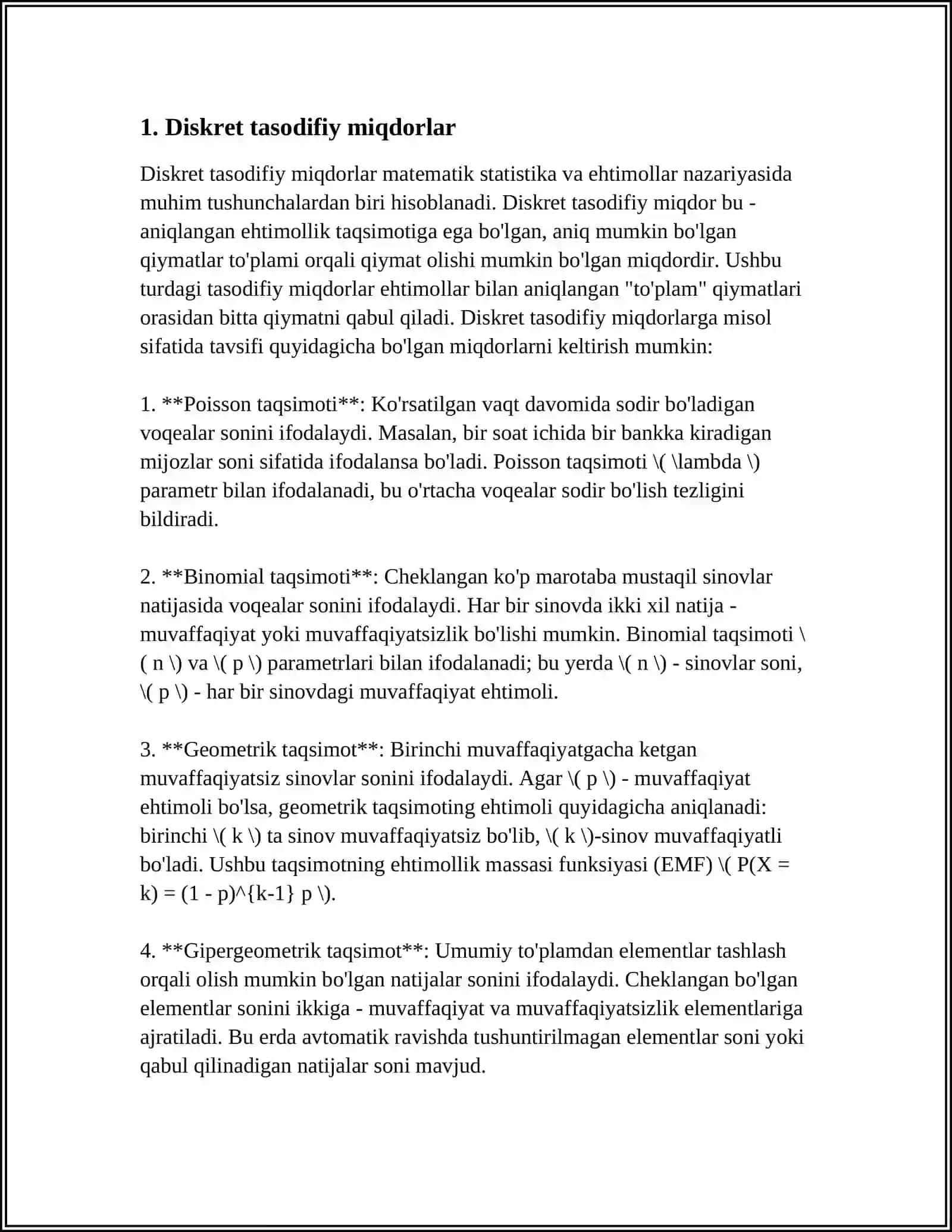 DISKRET TASODIFIY MIQDORNING SONLI HARAKTERISTIKALARI.KATTA SONLAR QONUNI 4