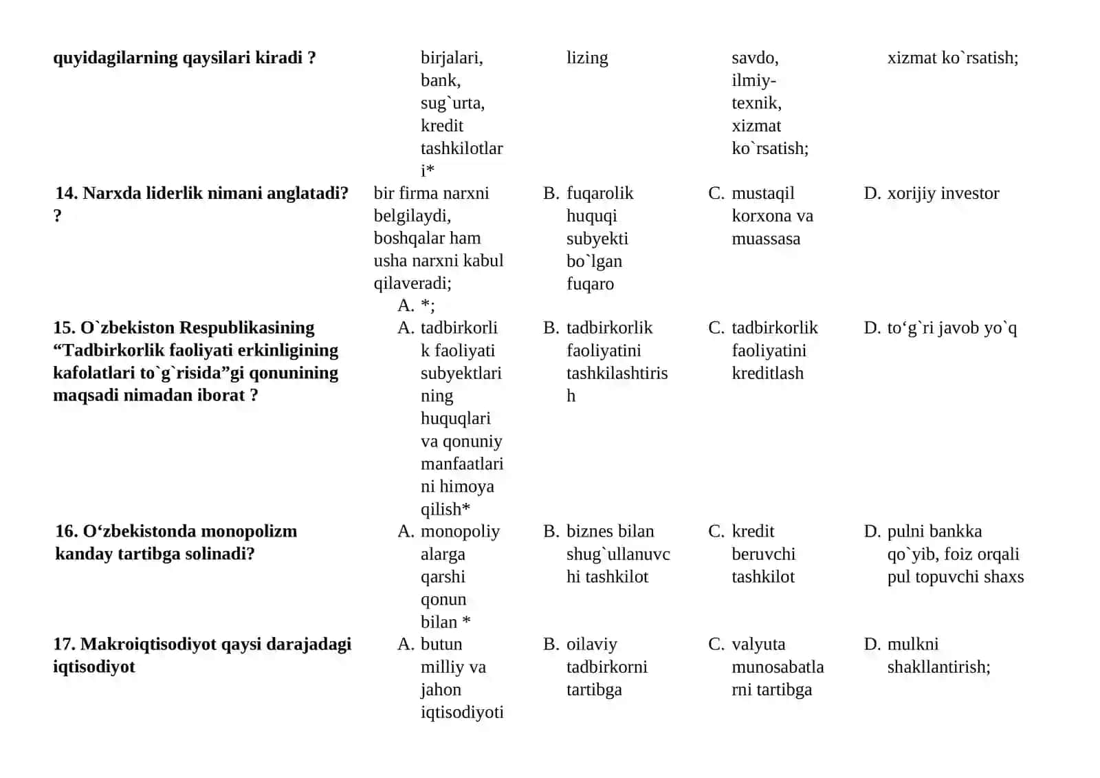 TADBIRKORLIK FANIDAN YAKUNIY NAZORAT TESTI 200 ta 4
