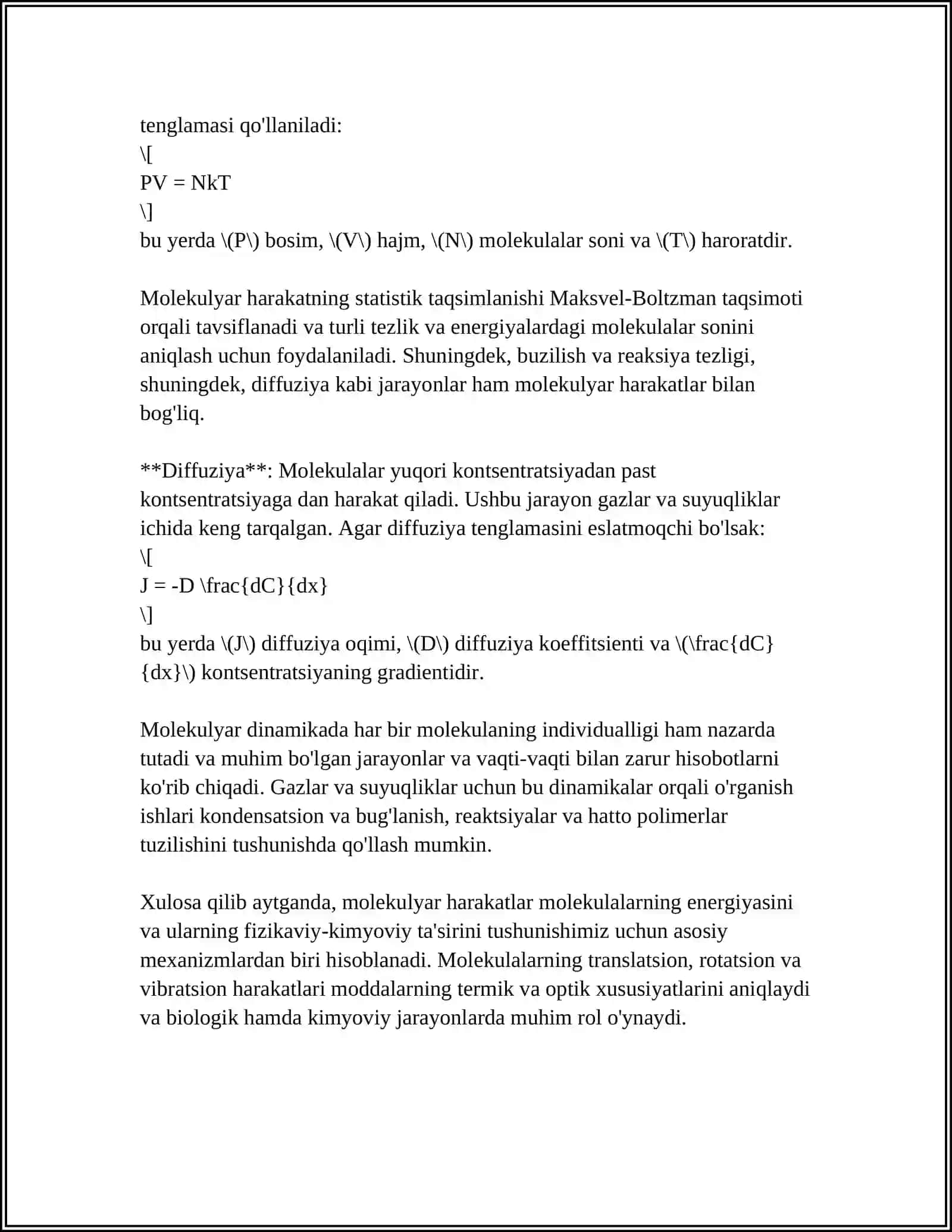 MOLEKULALARNING ERKIN YUGURISH YO'LI. DIFFUZIYA 4