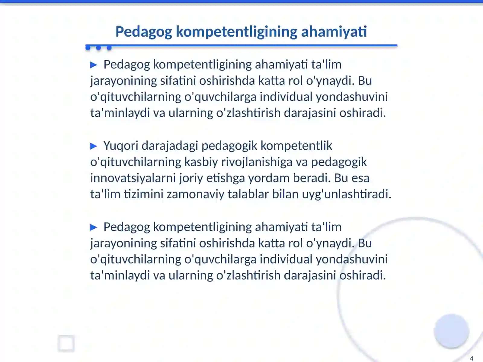 Pedagogikaning kasbiy kompetentligi 4