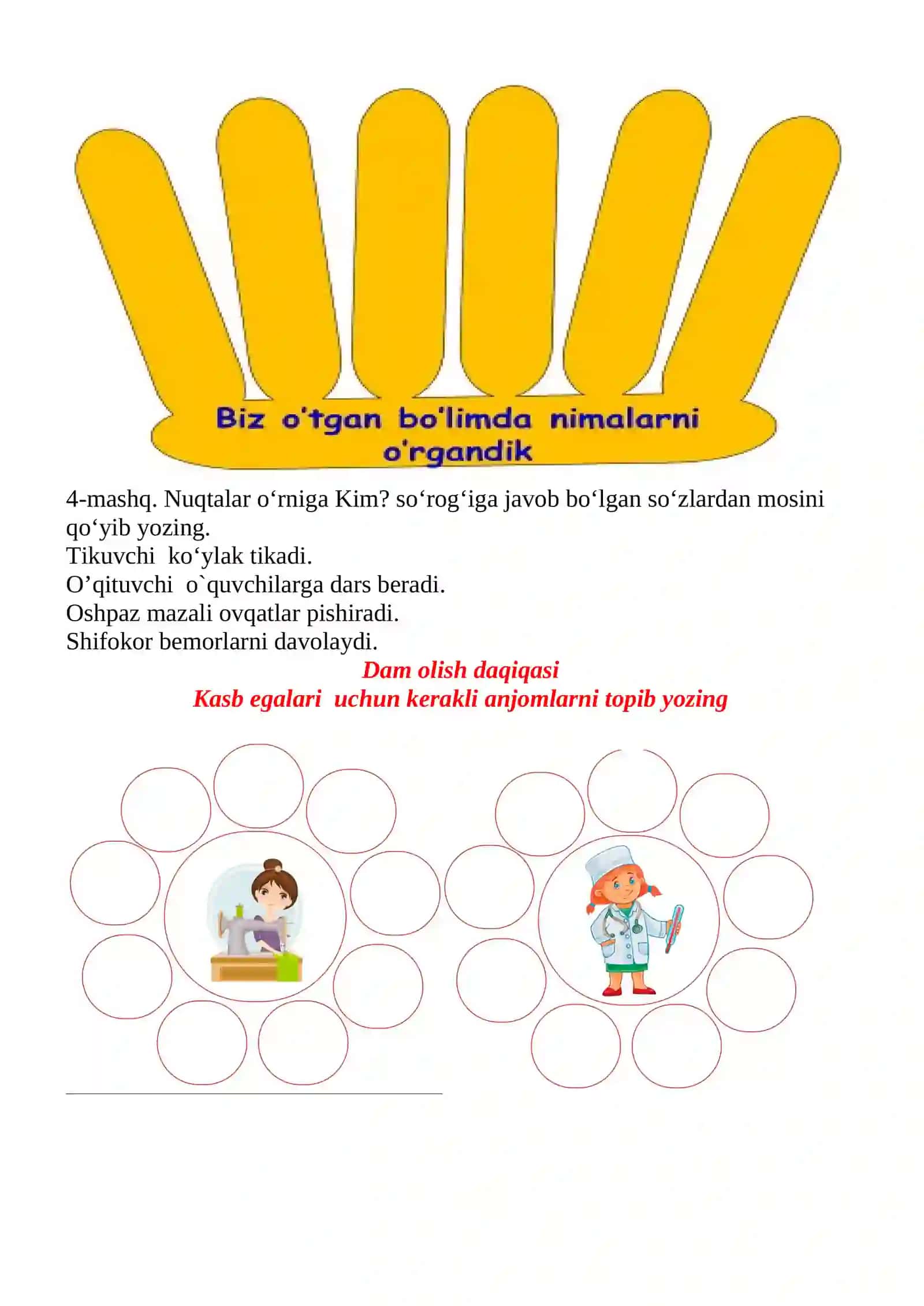Shaxs-narsa. Kim? Kimlar? Nima? Nimalar? 1-sinf ona tili dars ishlanmasi 4