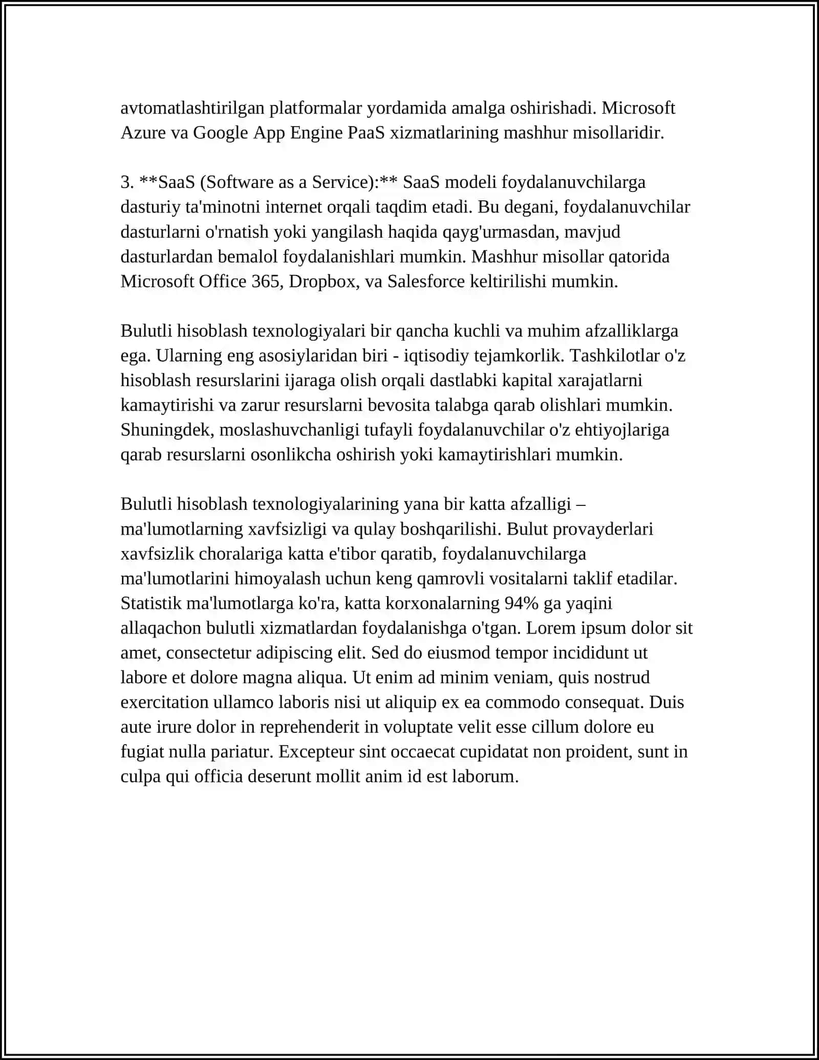 MUSTAQIL ISH Mavzu: IQTISODIY AXBAROTLARNI QAYTA ISHLASH JARAYONIDA BULUTLI FOYDALANISH TEXNOLOGIYALARI 4