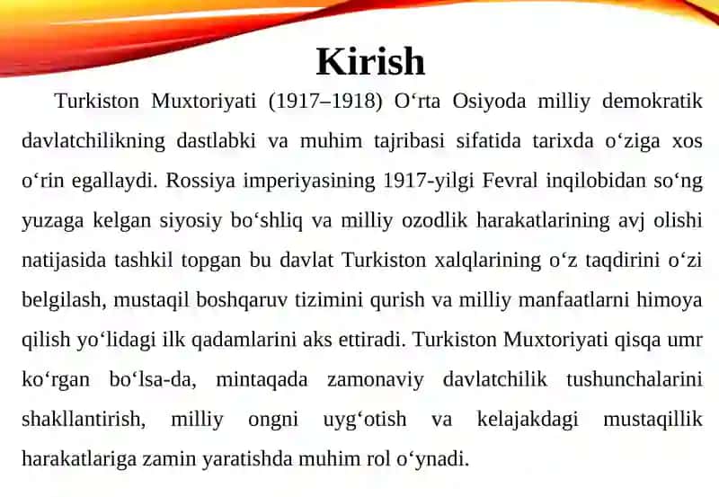 Turkiston Muxtoriyati - milliy demokratik davlatchilikning dastlabki tajribasi 4