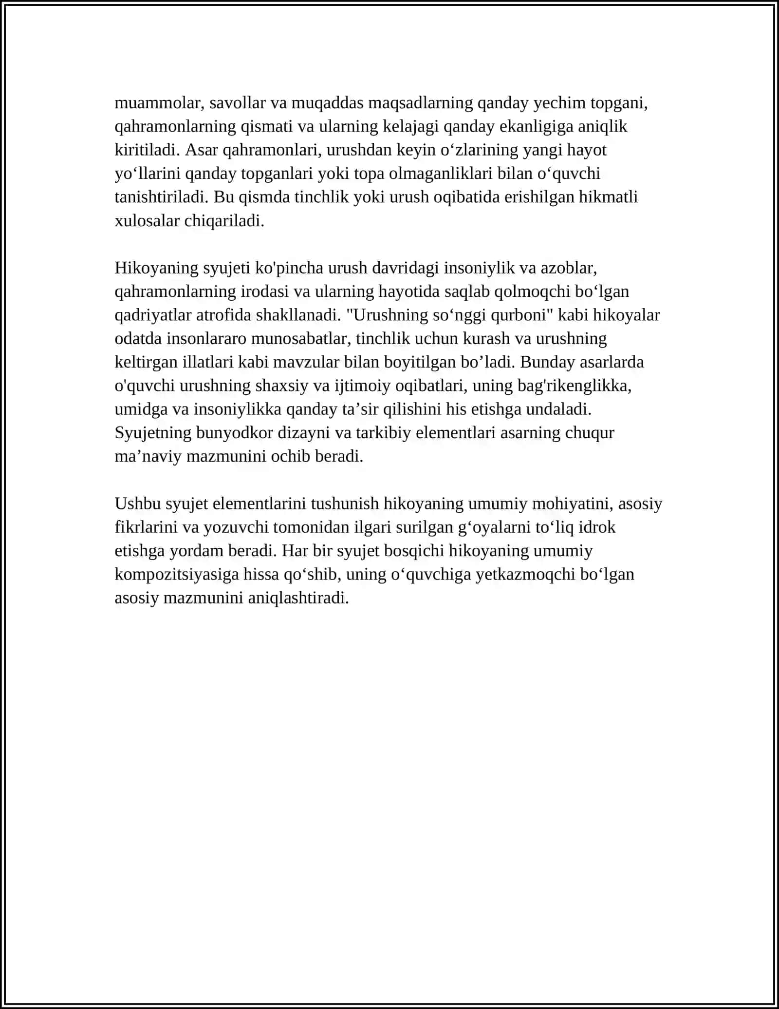 "URUSHNING SOʻNGGI QURBONI" HIKOYASIDAGI SYUJET ELEMENTLARI 4