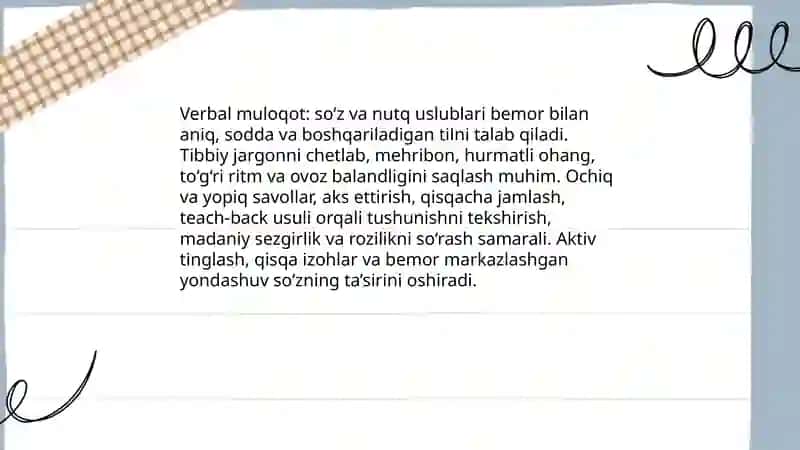 Patsient bilan noverbal, verbal muloqot, ahamiyati, turlari (vaziyat, jest, ovoz, intonatsiya, ritm, mimika) ko'nikmalari 4