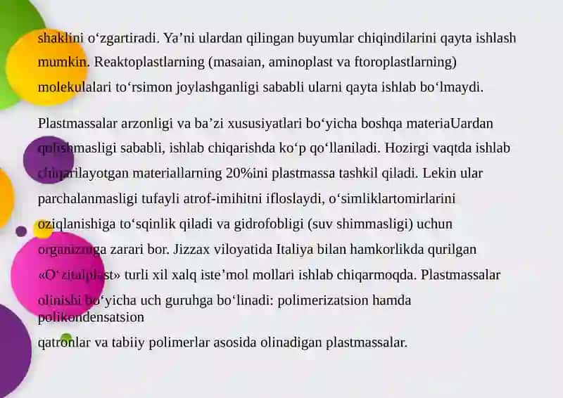 PLASTMASSALAR VA ULARNING O'RGANISH. TUZILISHINI 4