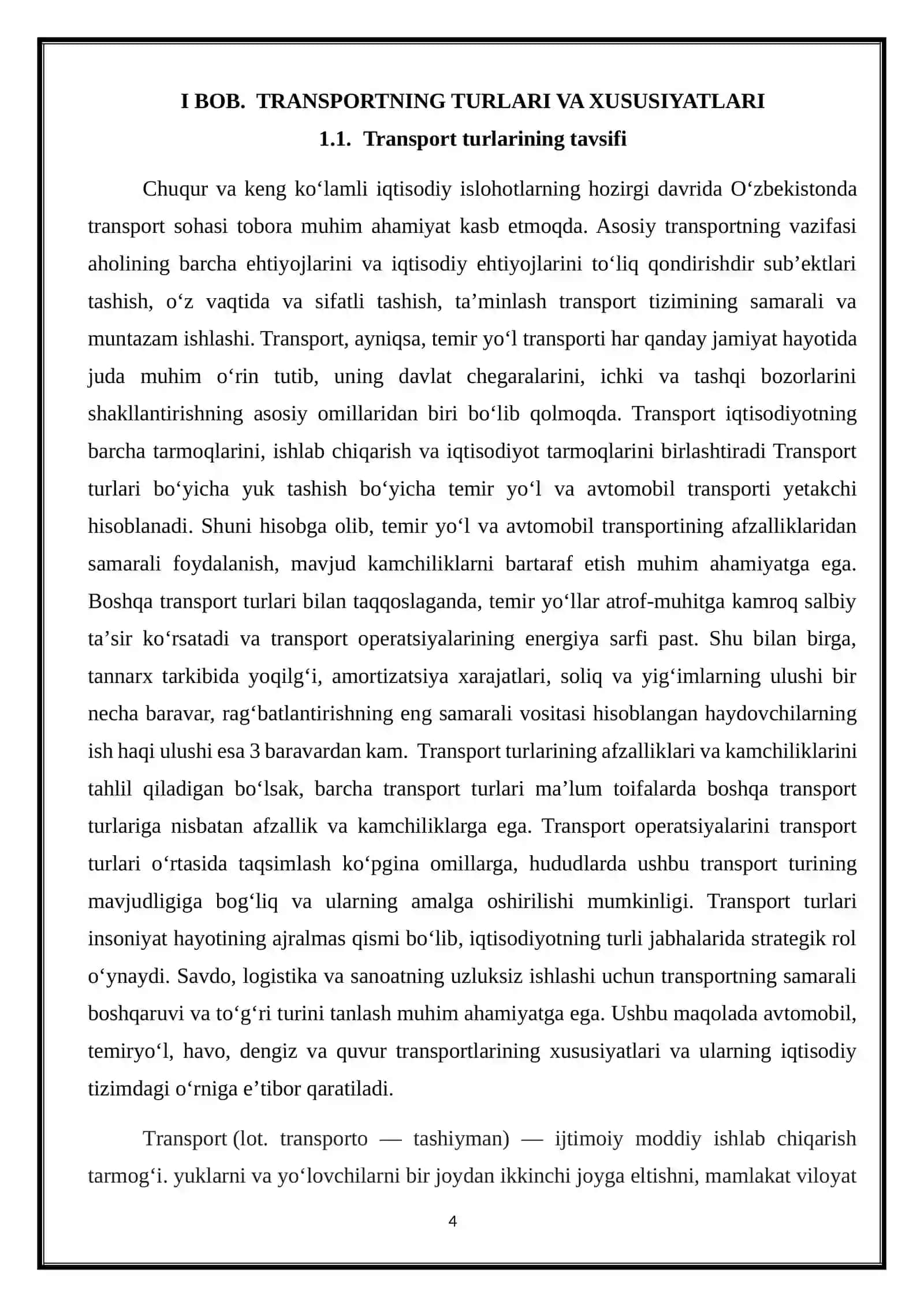 TRANSPORT LOGISTIKASI kurs ishi 4