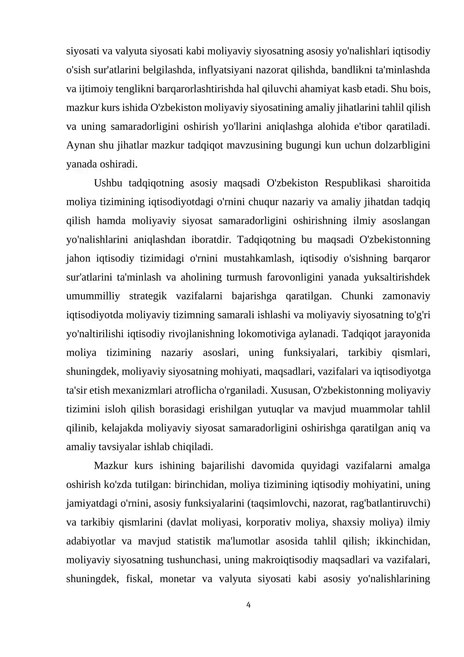 Moliya tizimining iqtisodiyotdagi o‘rni va moliyaviy siyosatning samaradorligi 4