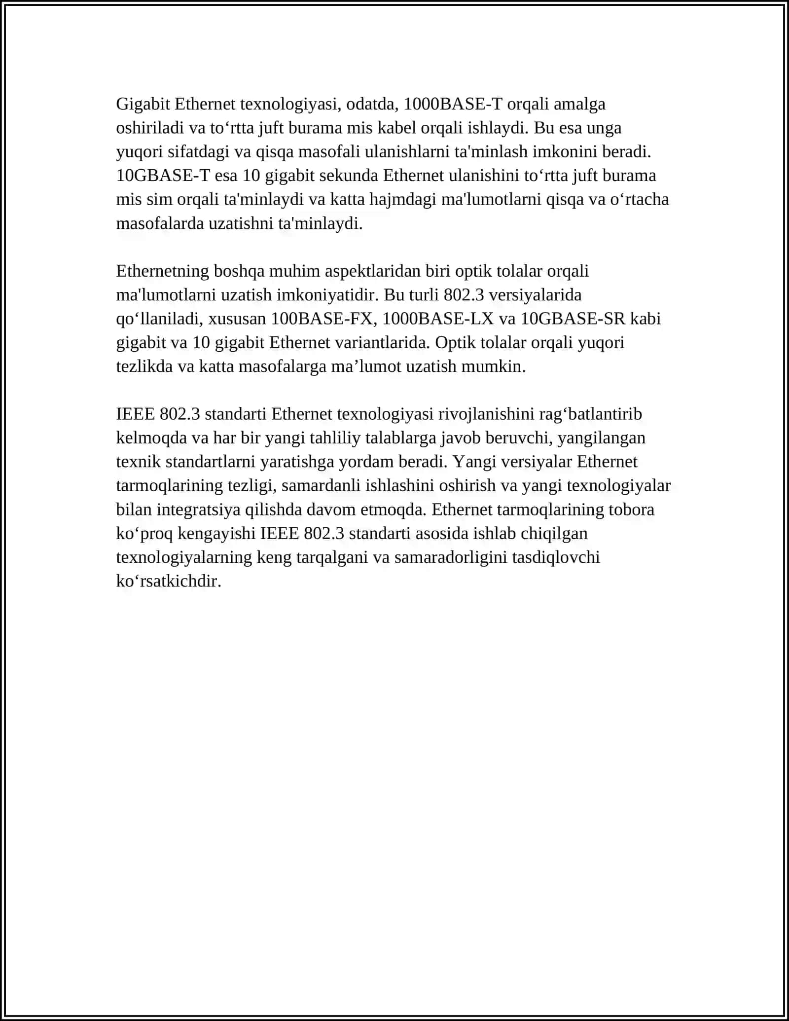 SIMLI VA SIMSIZ TARMOQ TEXNOLOGIYALARI VA MUHITLARI, IEEE 802 (IEEE 802.3, 802.11, 802.15, 802.16) STANDARTLARI 4