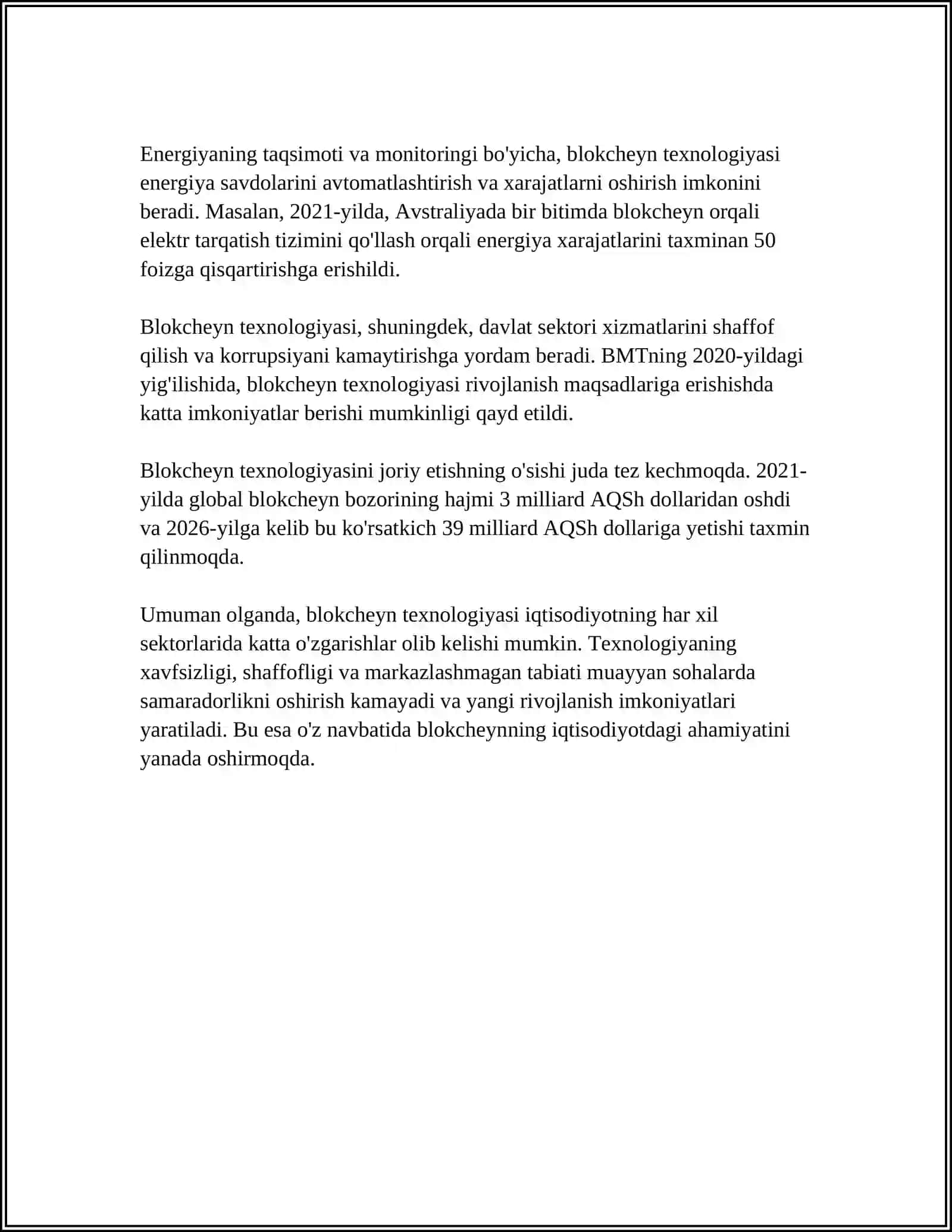 BLOKCHEYN, BUYUMLAR INTRNETI,SU'NIY INTLLEKT KATTA MA'LUMOTLAR IQTISODIY TARMOQLARDA QOLLANISHI 4