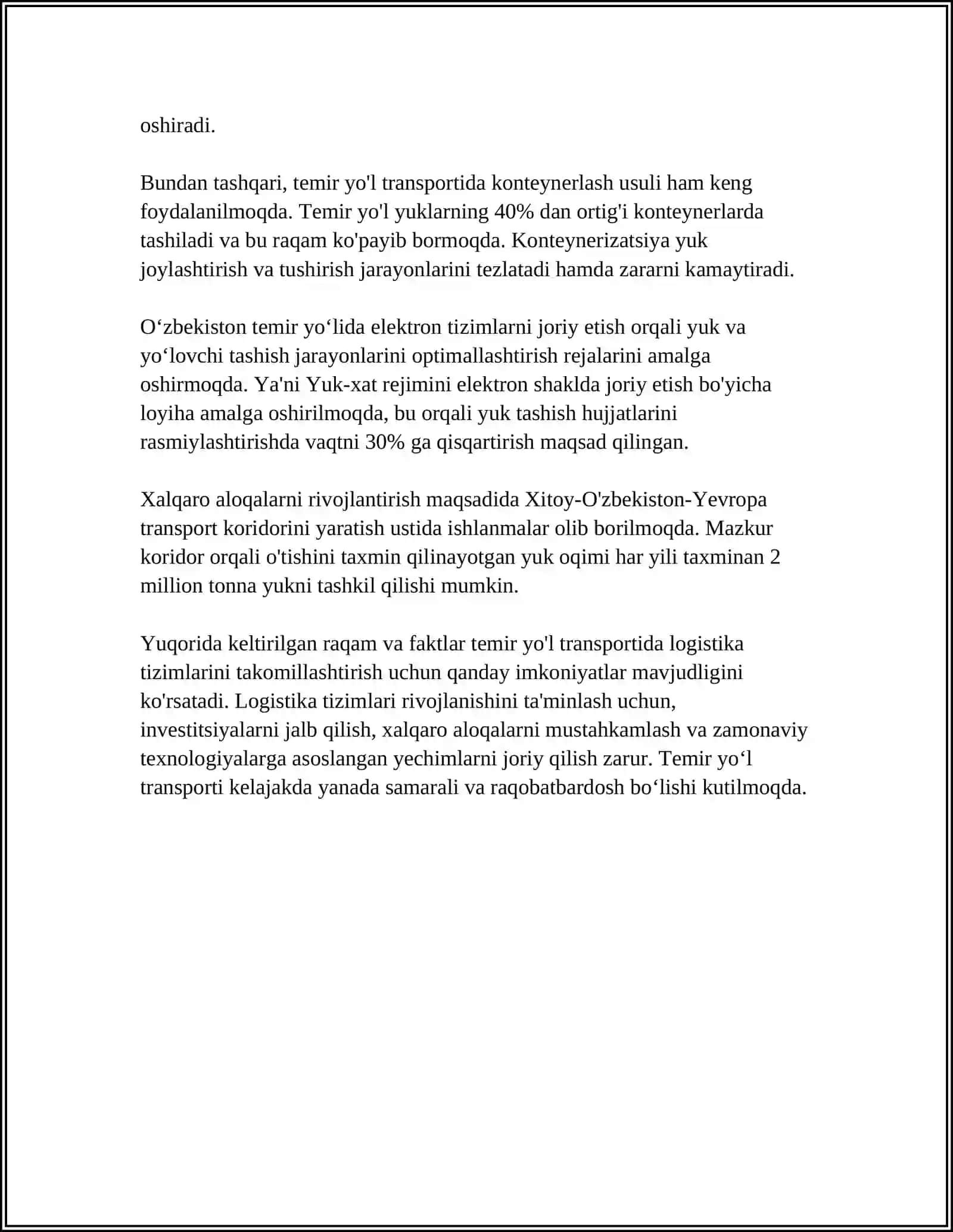 OʻZBEKISTON RESPUBLIKASIDA TEMIR YO'L TRANSPORTINI STRATEGIK RIVOJLANISH ISTIQBOLLARI 4