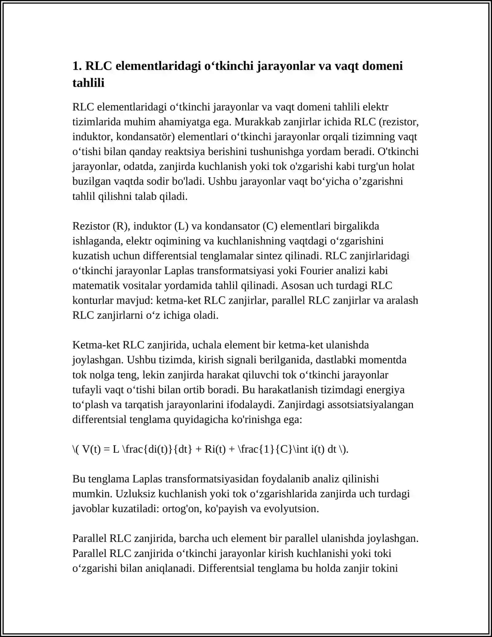 ELEKTR SISTEMA ELEMIENTLARIDAGI O‘TKINCHI JARAYONLAR 4