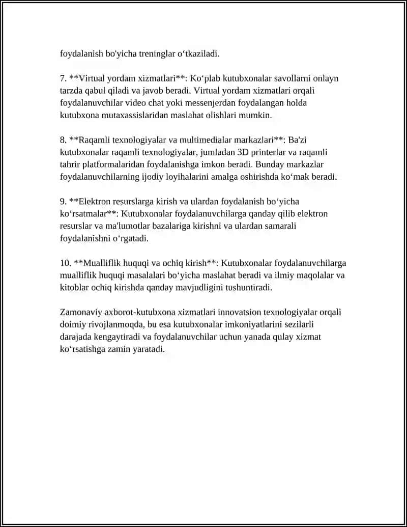AXPOROT KUTUBXONA MUASSASALARI FOYDALANUVCHILARGA ZAMONAVIY AXBOROT KUTUBXONA XIZMATINI KURSATISH 4