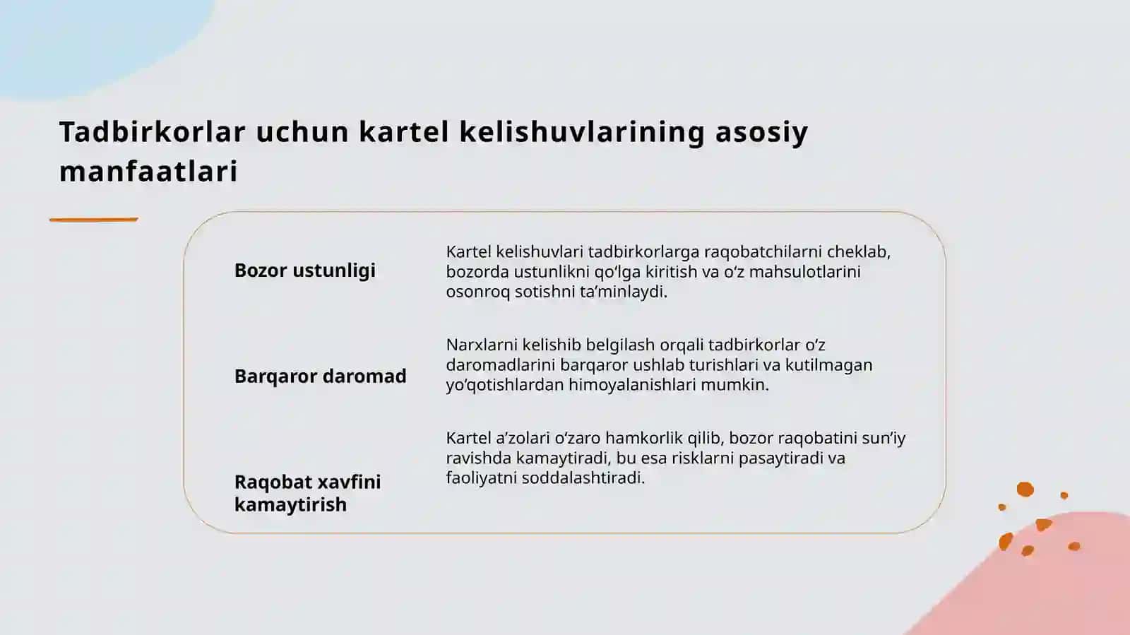 Tadbirkorlar kartel kelishuvlar tuzish sabablari 4