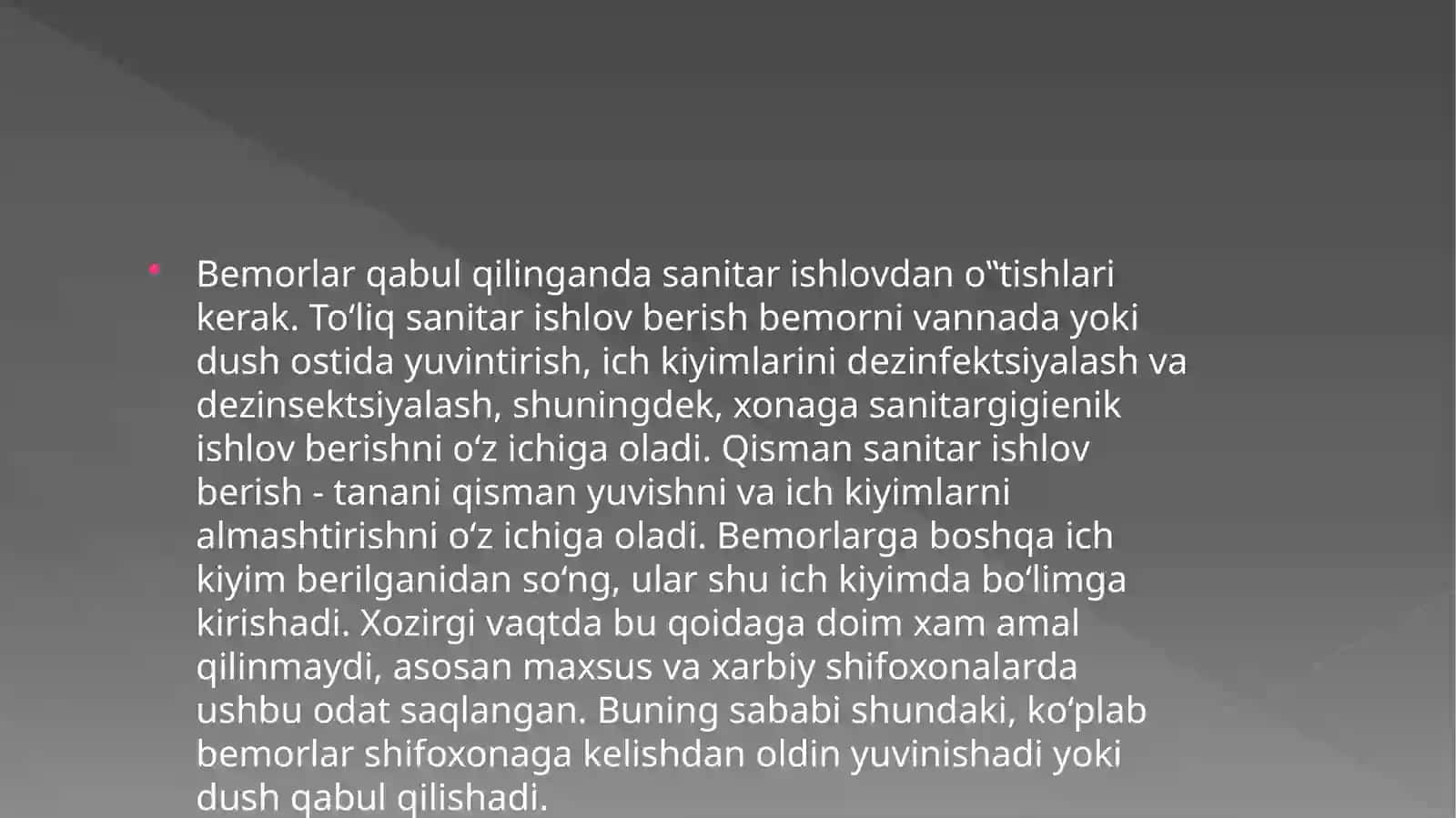 XIRURGIK BEMORLARNI QABUL QILISH.SANITAR ISHLOV BERISH.SARALASH 4