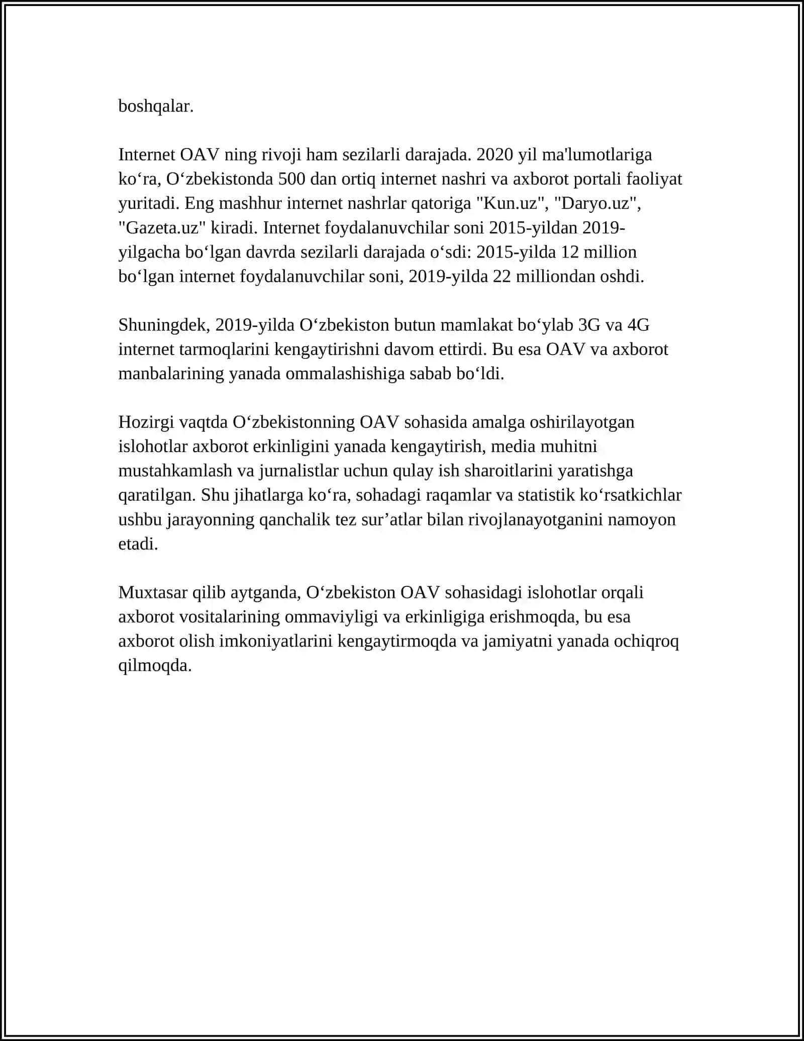 OʻZBEKISTON RESPUBLIKASIDA OMMAVIY AXBOROT VOSITALARINING FAOLIYATI 4