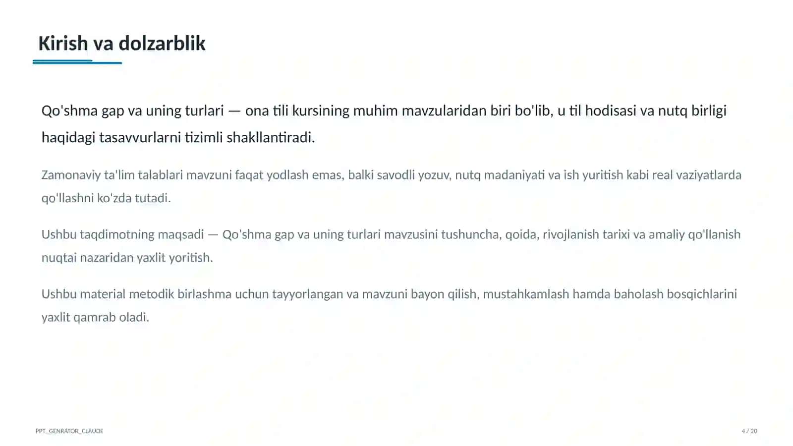 Qo'shma gap va uning turlari (9-sinf) Ona tili (5–11) — metodik birlashma uchun 4