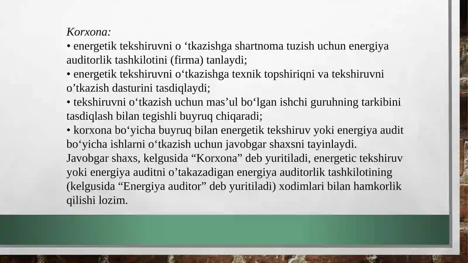 Energetik tekshiruvlar va energetik auditni o‘tkazish tartibi 4