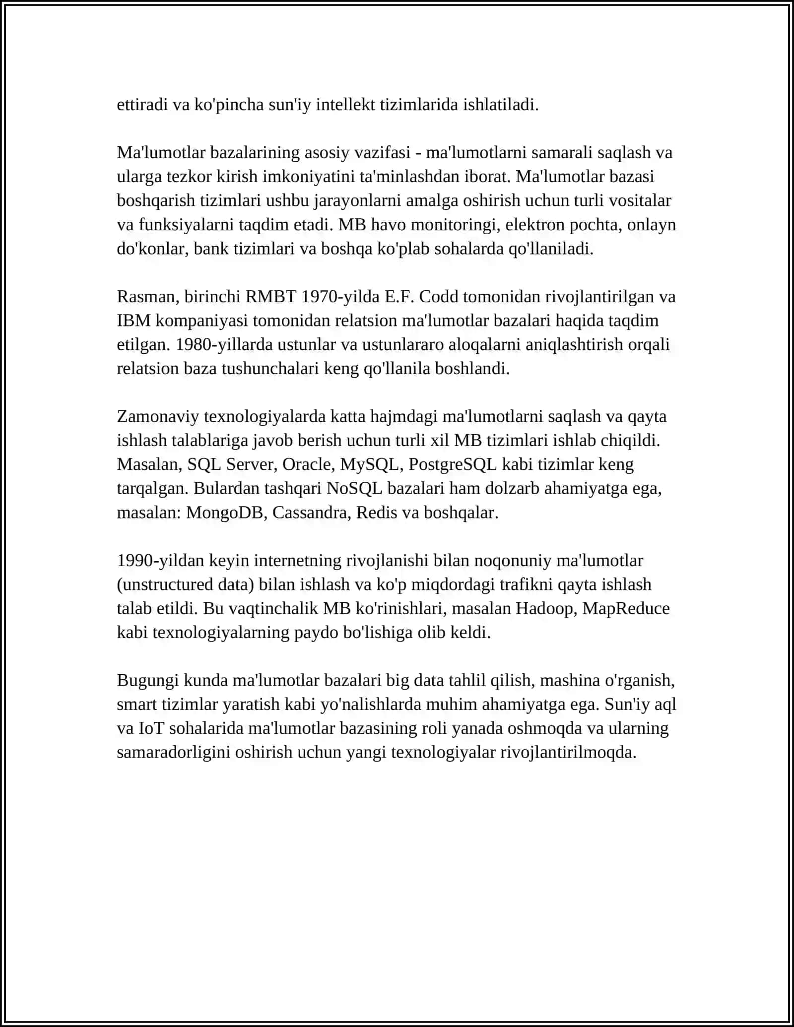 MAʼLUMOTLAR BAZALARI VA KATTA HAJMDAGI MAʼLUMOTLAR BILAN ISHLASH TEXNOLOGIYALARI 4