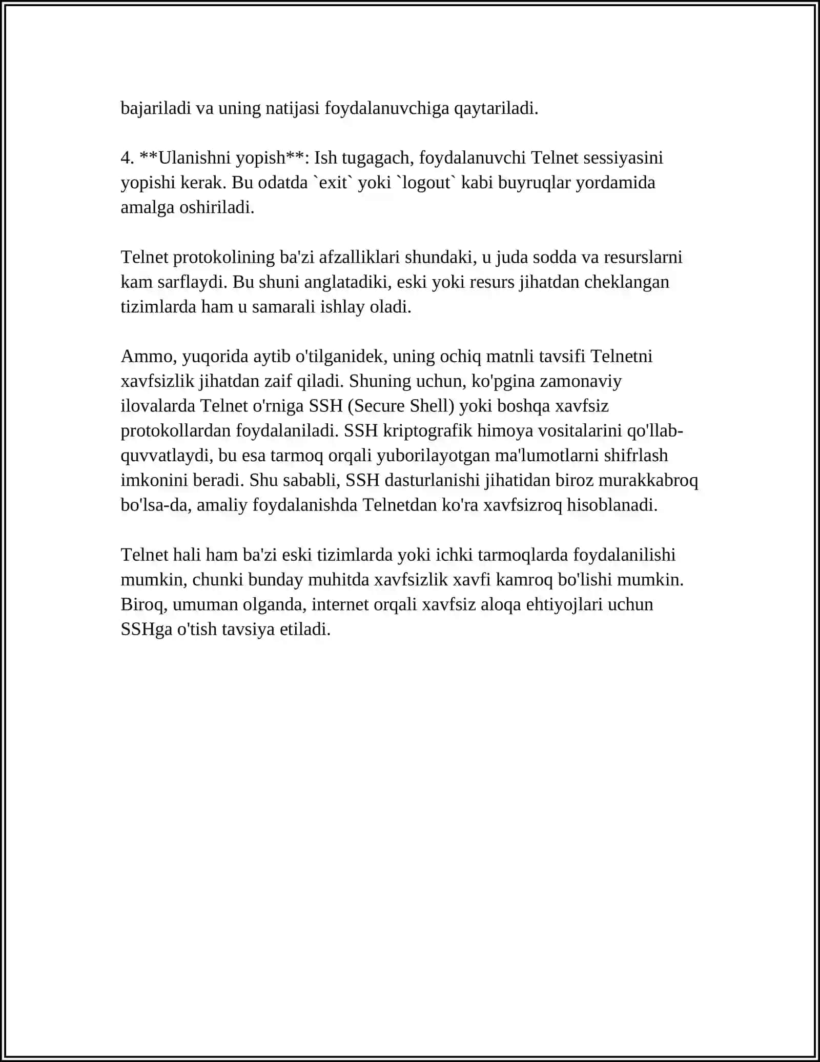 SISKO PAKET TRASER DASTURIDA TELNET, SSH PROTOKOLI BILAN ISHLASH 4