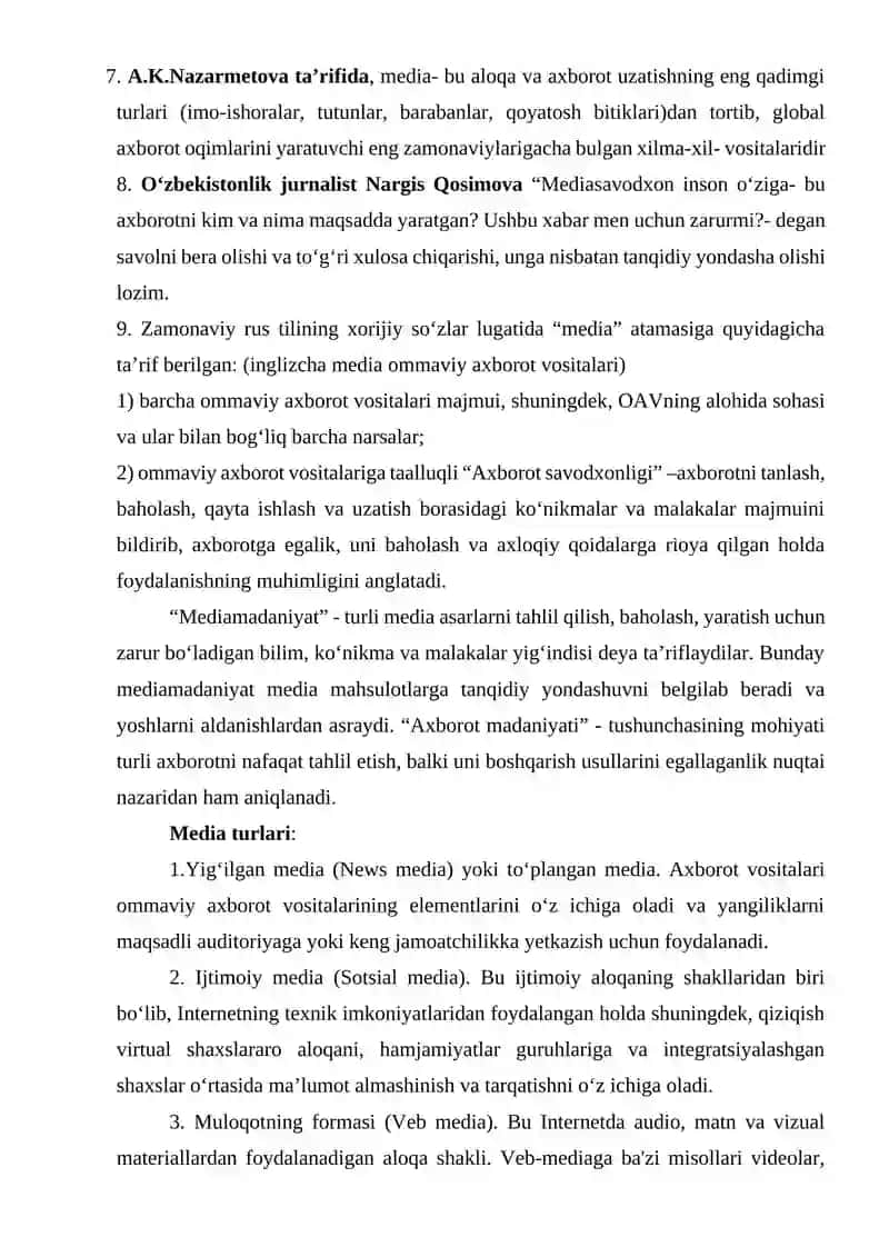 MEDIA SAVODXONLIK VA AXBOROT MADANIYATI FANINING PREDMETI VA JAMIYAT TARAQQIYOTIDAGI O‘RNI 4